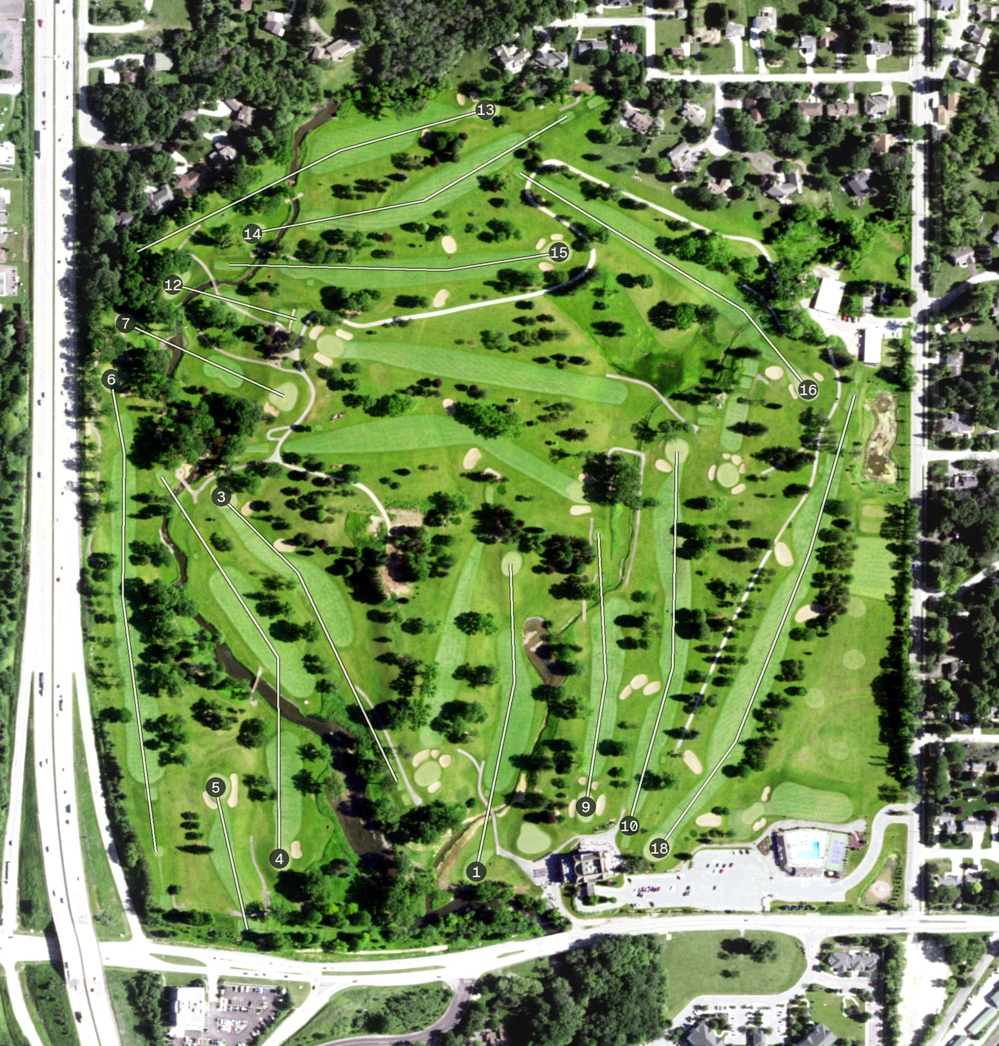 Aerial view of Butte des Morts Country Club, WI, with its hole routing marked
