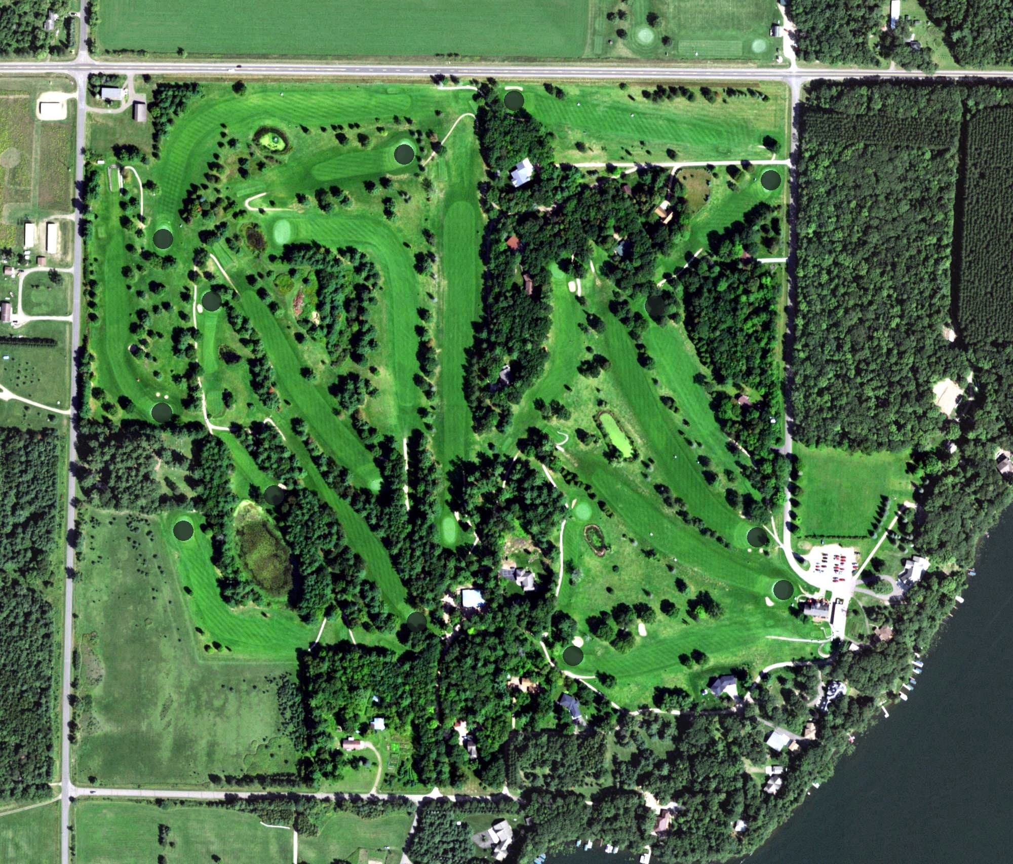 Aerial view of Butternut Hills Golf Course, WI, with its hole routing marked