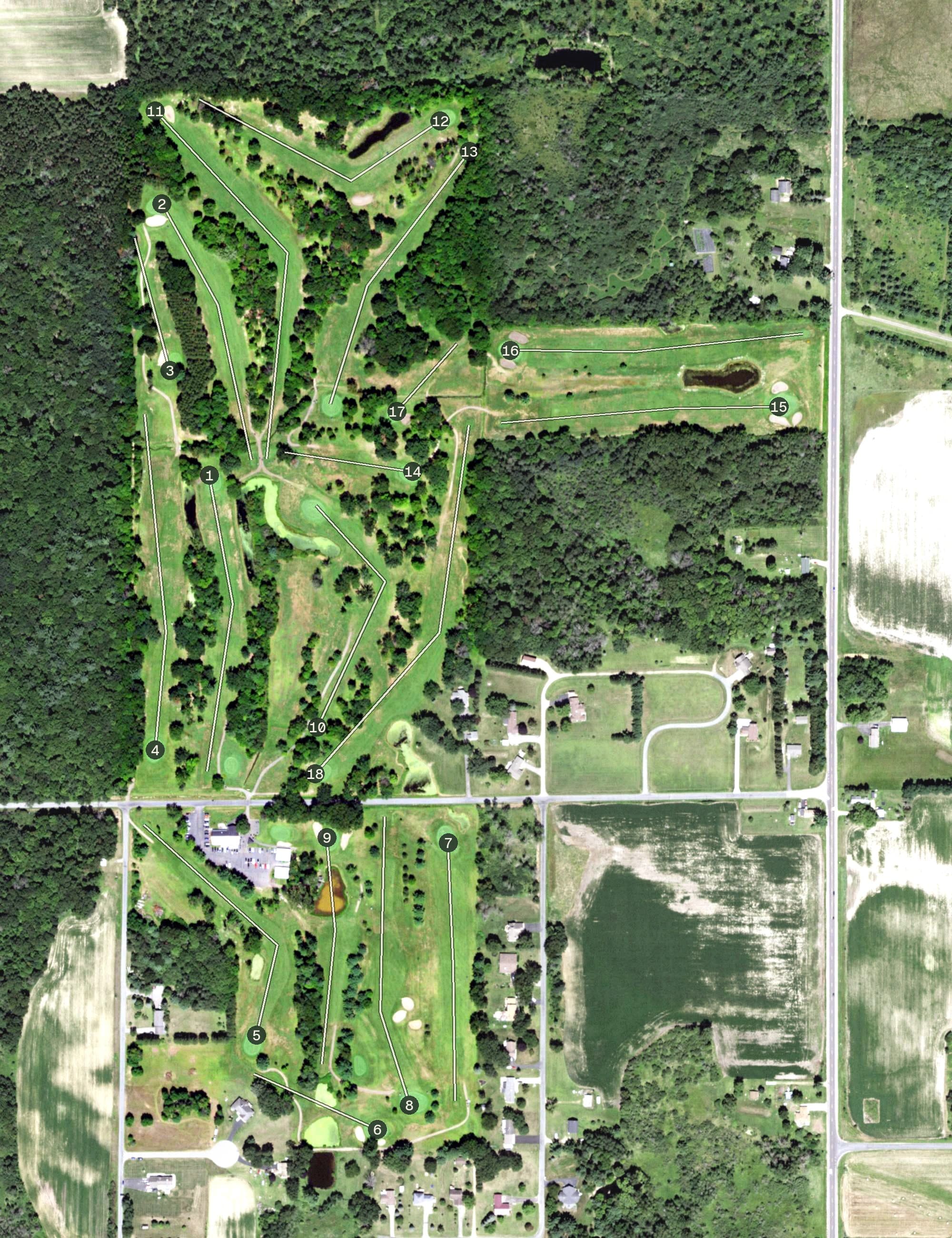 Aerial view of Castle Rock Golf Course, WI, with its hole routing marked