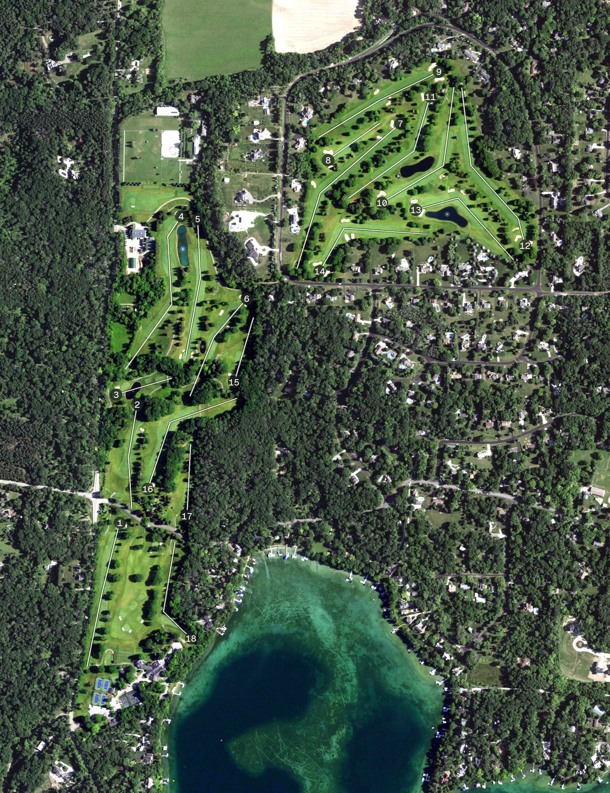 Aerial view of Chenequa Country Club, WI, with its hole routing marked