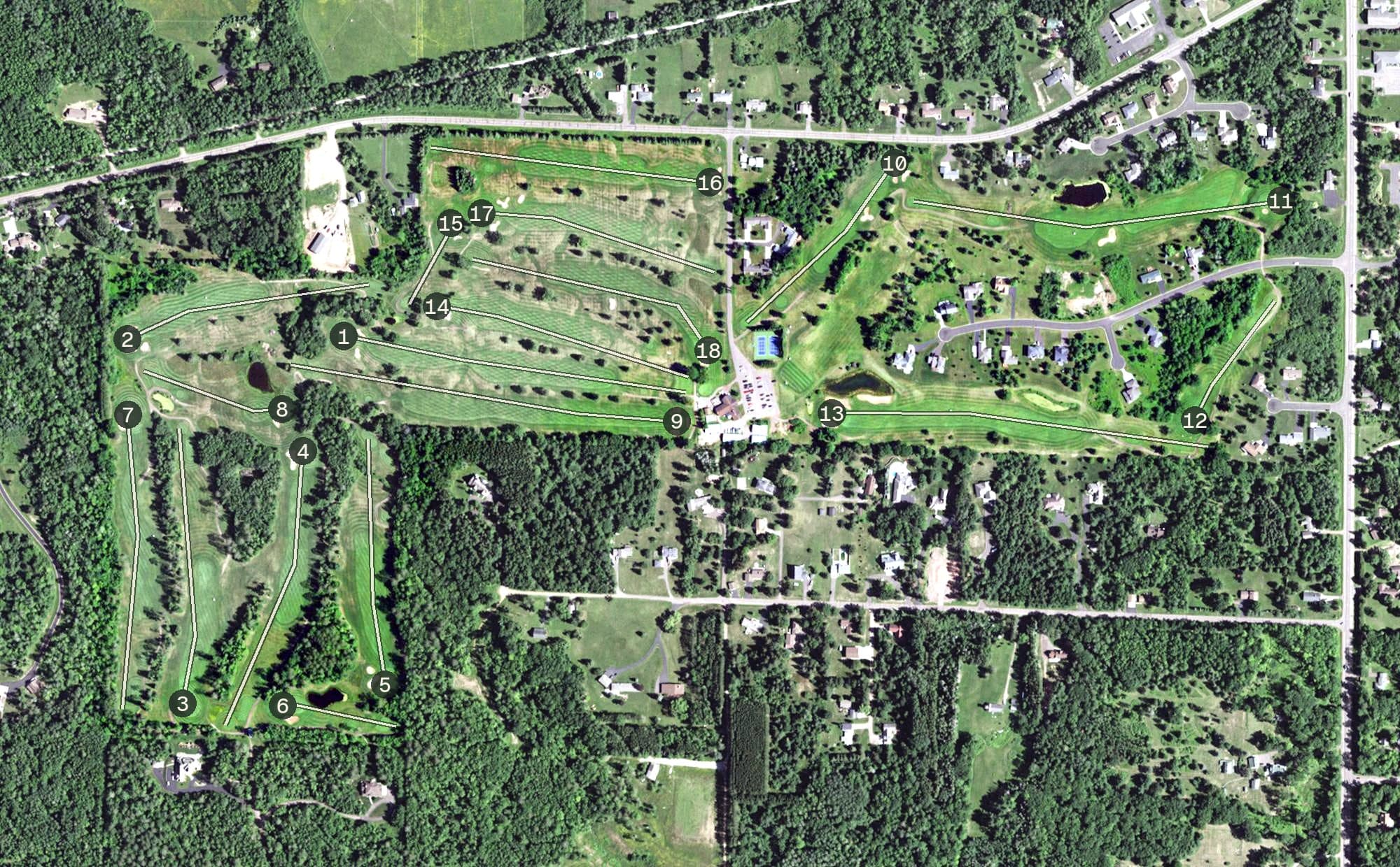 Aerial view of Chequamegon Bay Golf Club, WI, with its hole routing marked