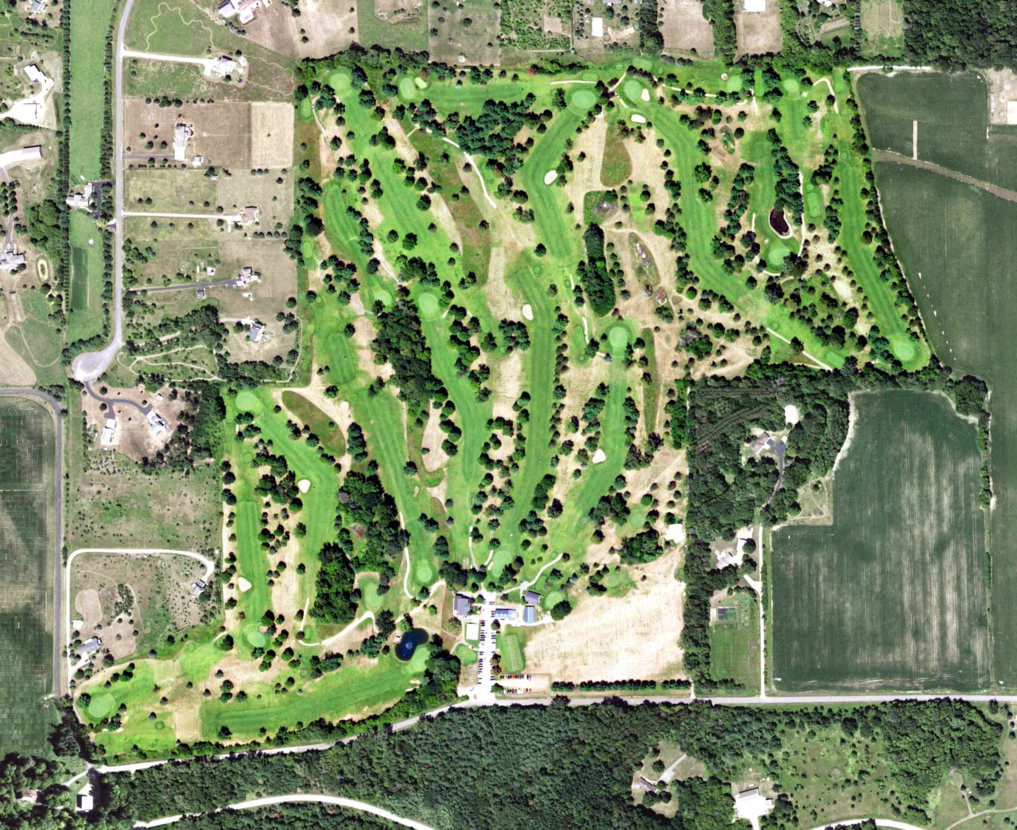 Aerial view of Clifton Hollow Golf Club, WI, with its hole routing marked