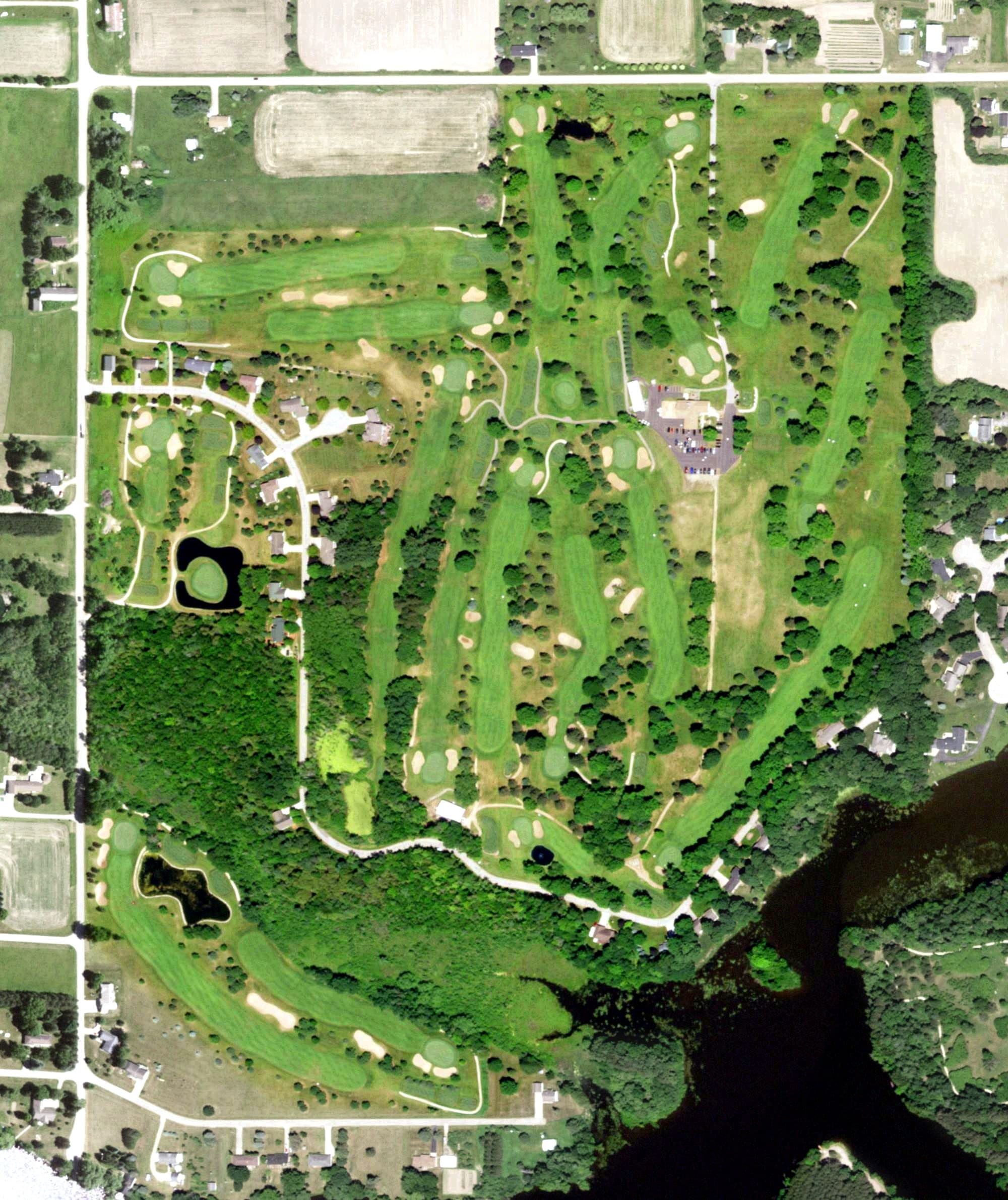 Aerial view of Clintonville Riverside Golf Course, WI, with its hole routing marked