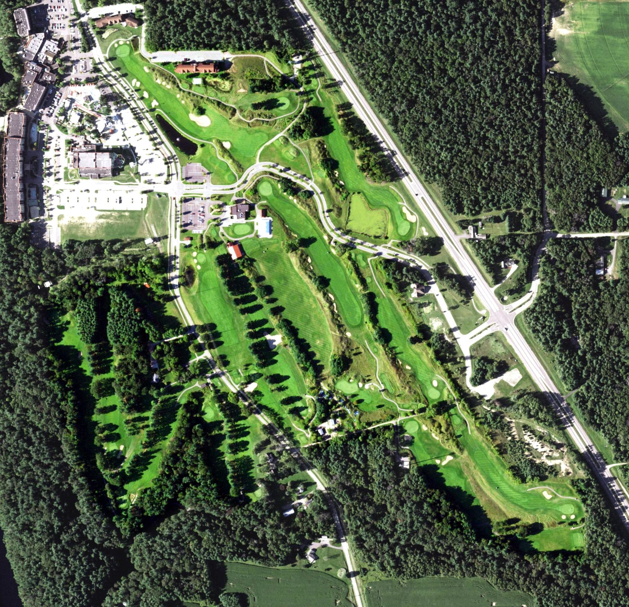 Aerial view of Cold Water Canyon Golf Course, WI, with its hole routing marked