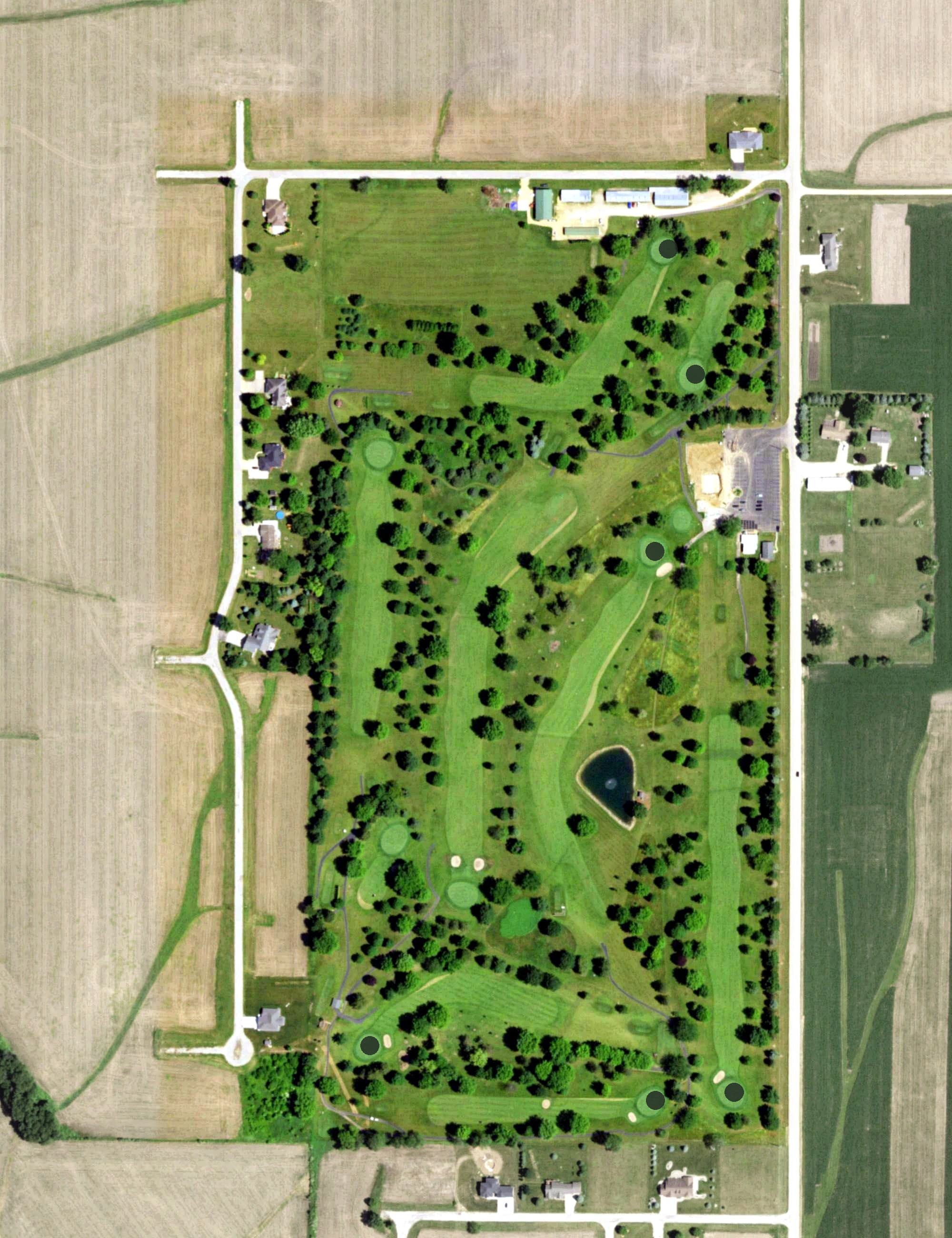Aerial view of Cole Acres Golf Course, WI, with its hole routing marked