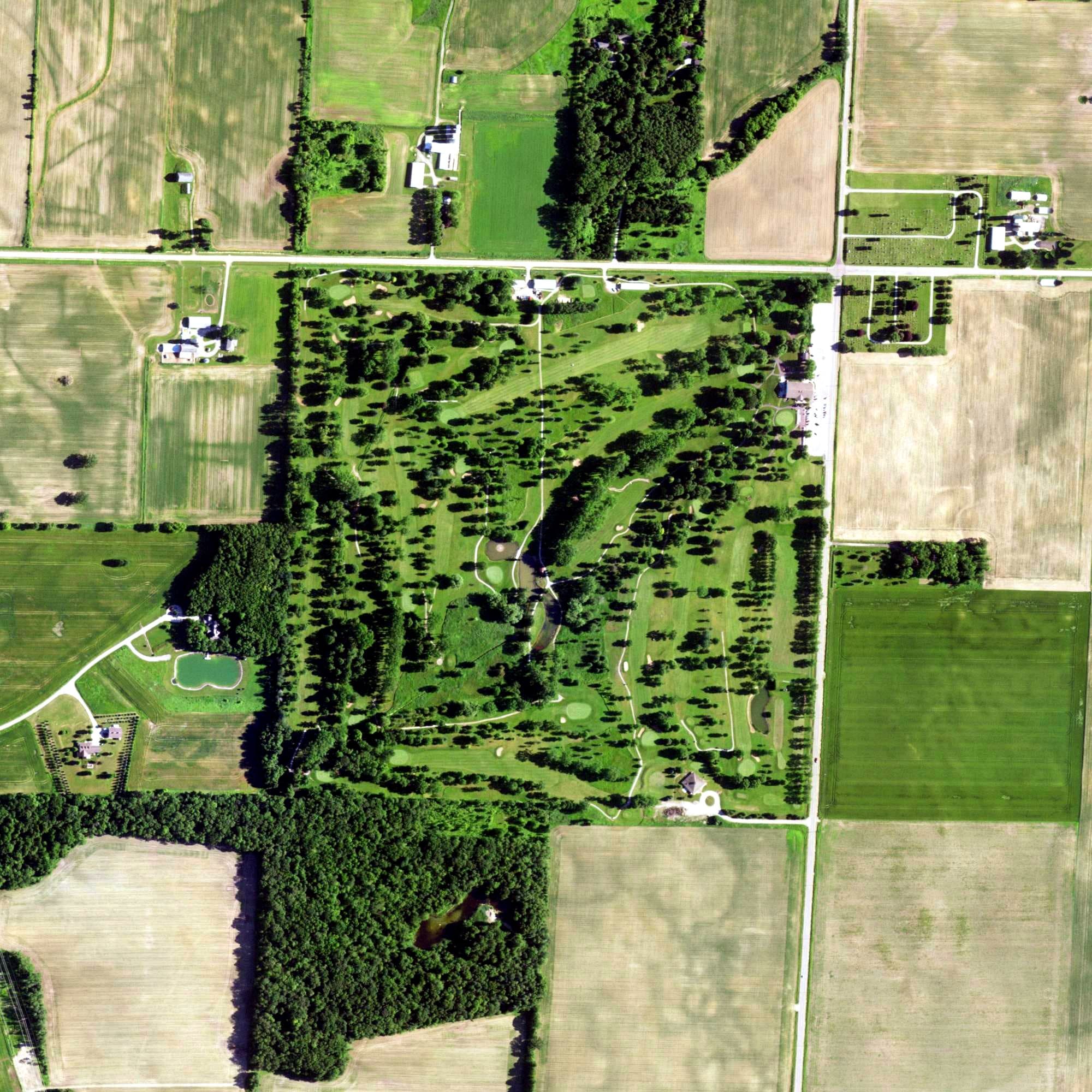 Aerial view of Crystal Springs Golf Course, WI, with its hole routing marked