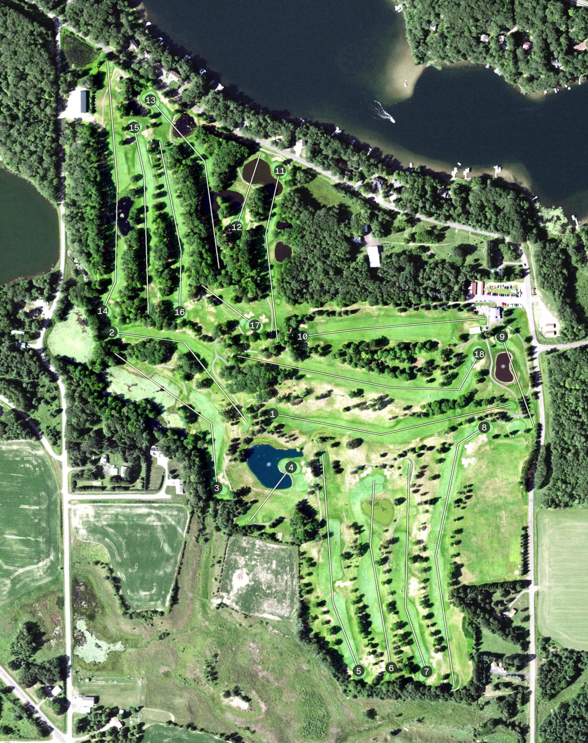 Aerial view of Cumberland Golf Club, WI, with its hole routing marked