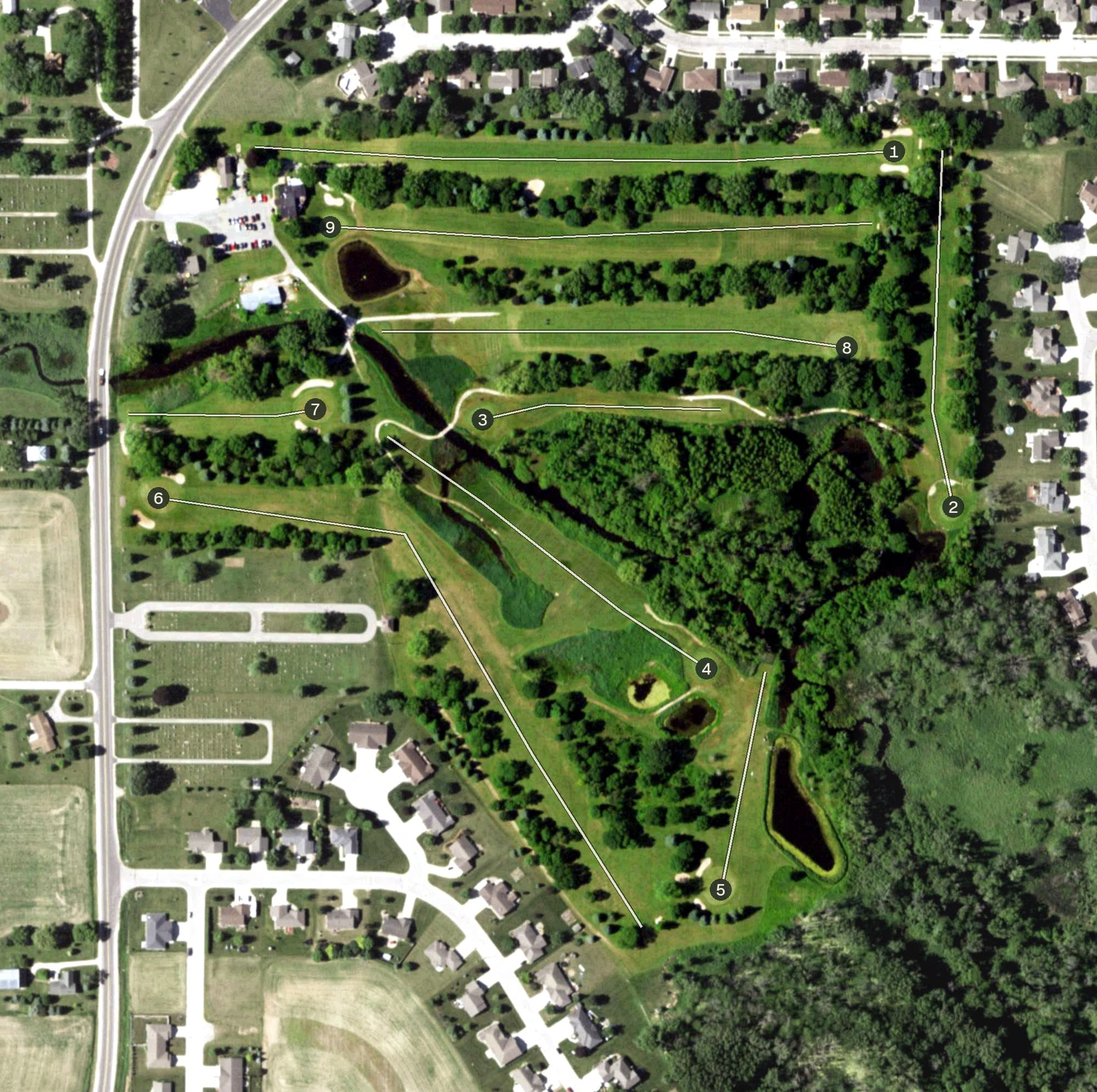 Aerial view of Deer Run Golf Course, WI, with its hole routing marked