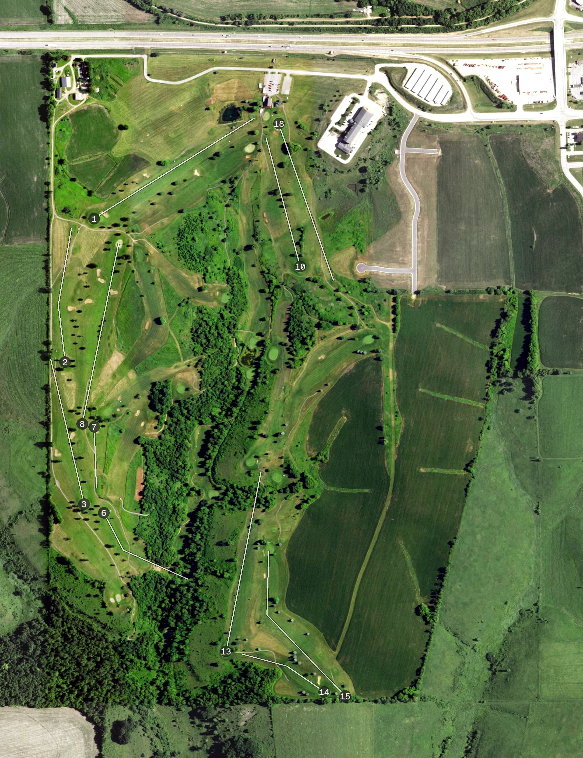 Aerial view of Deer Valley Golf Course, WI, with its hole routing marked