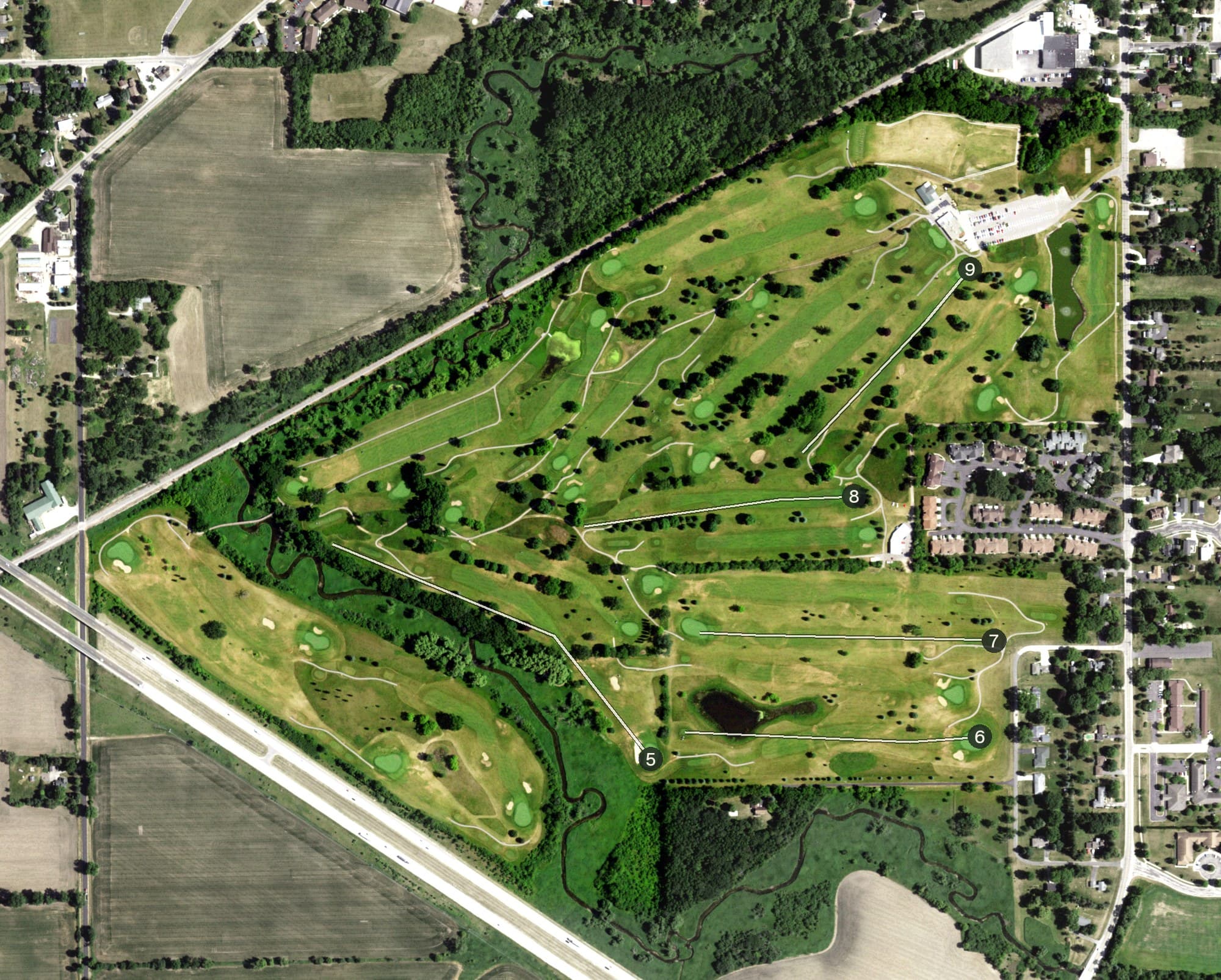 Aerial view of Delbrook Golf Club, WI, with its hole routing marked