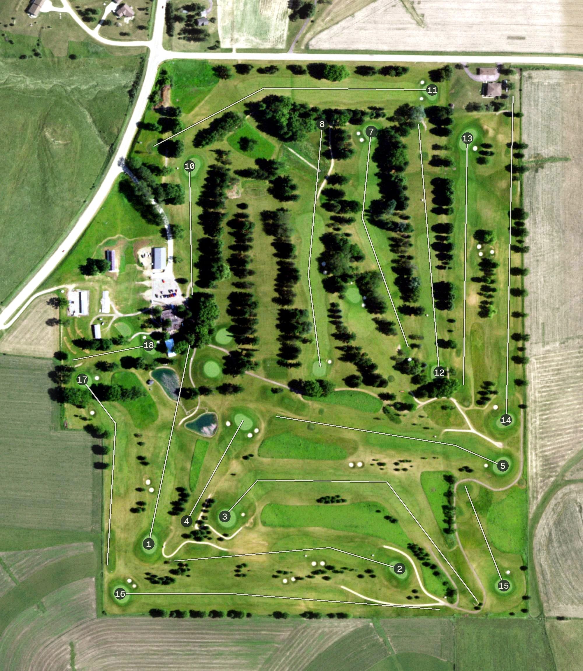 Aerial view of Dodge Point Country Club, WI, with its hole routing marked