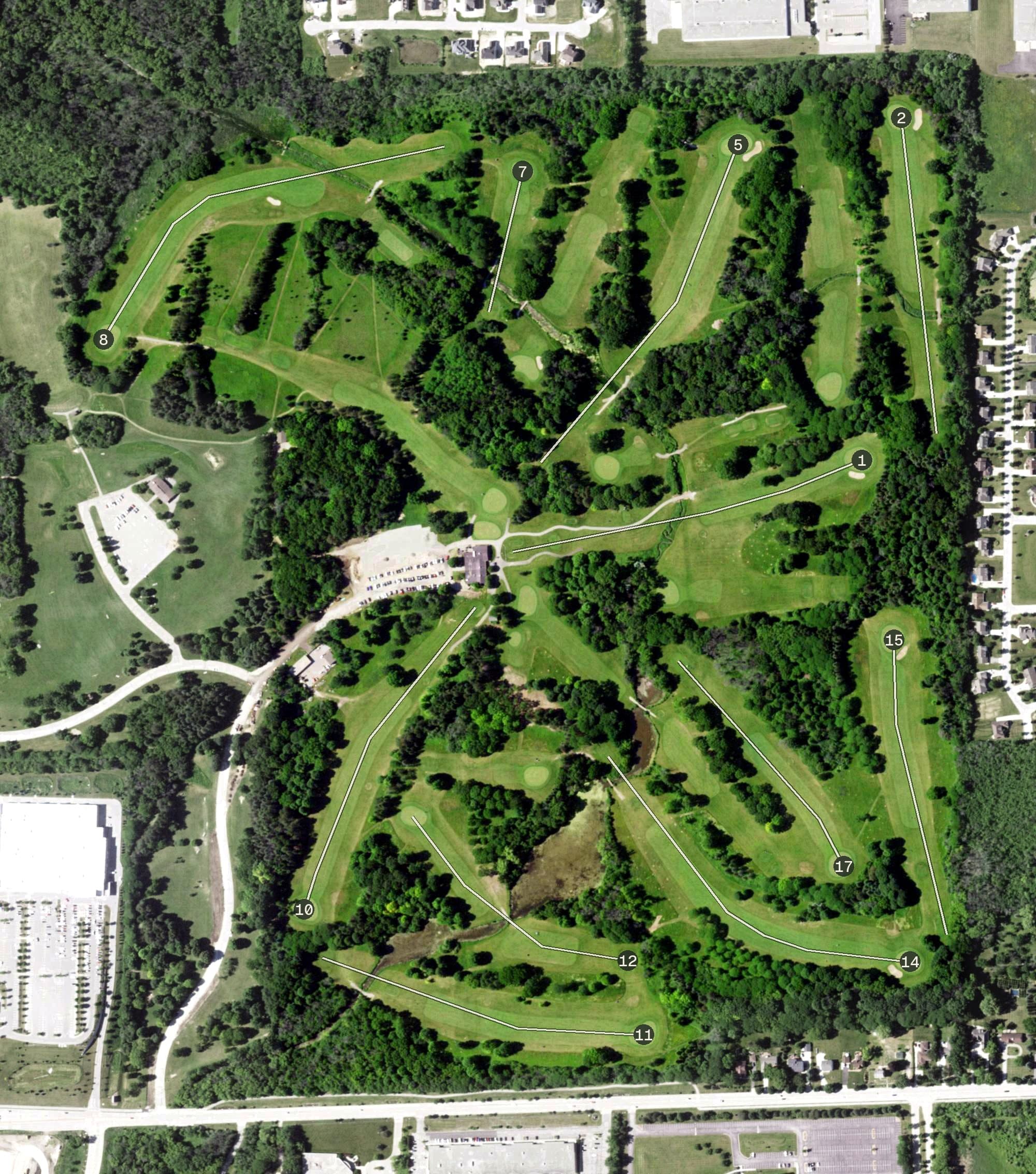 Aerial view of Dretzka Park Golf Course, WI, with its hole routing marked