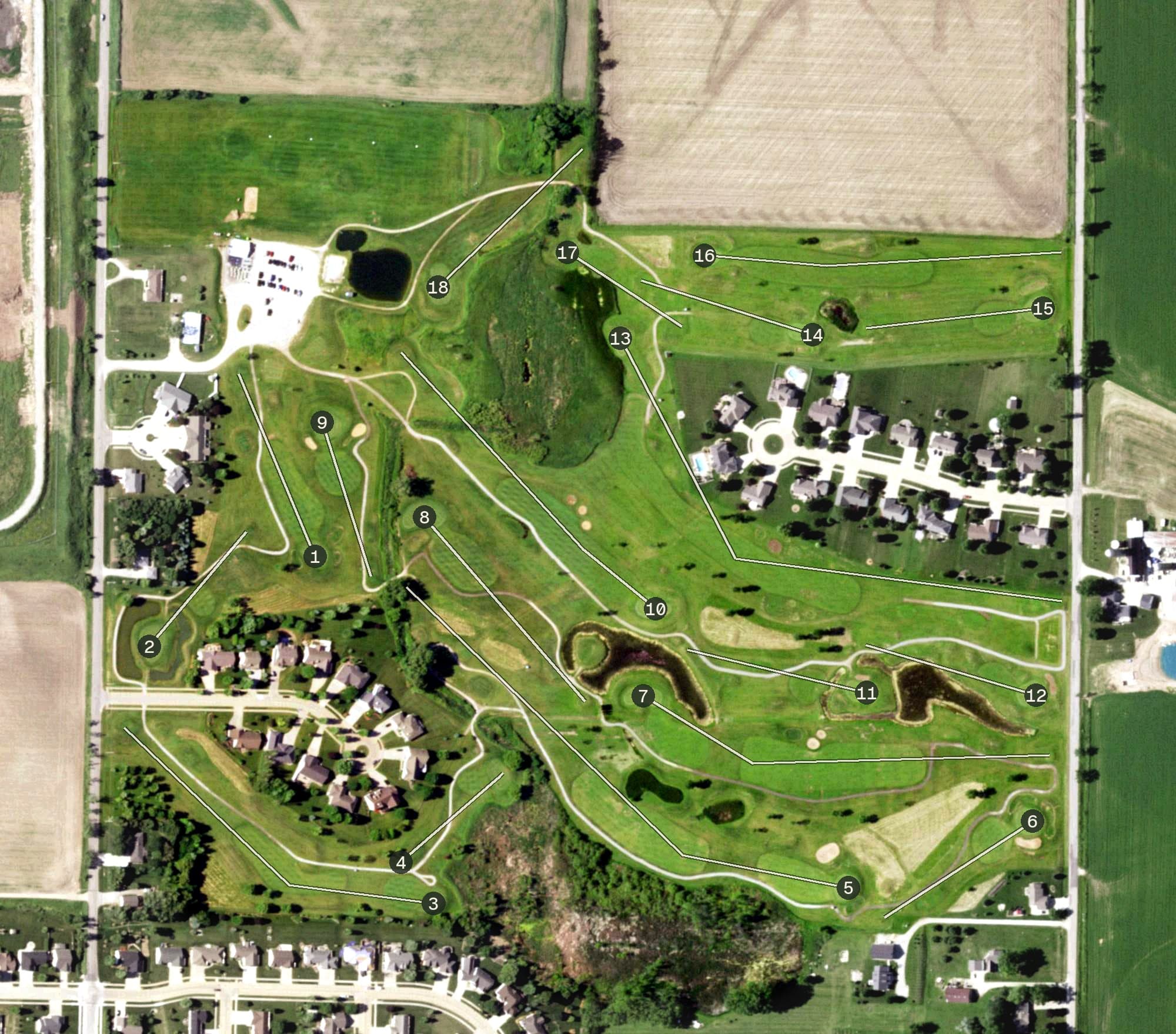 Aerial view of Eagle Links Golf Club, WI, with its hole routing marked