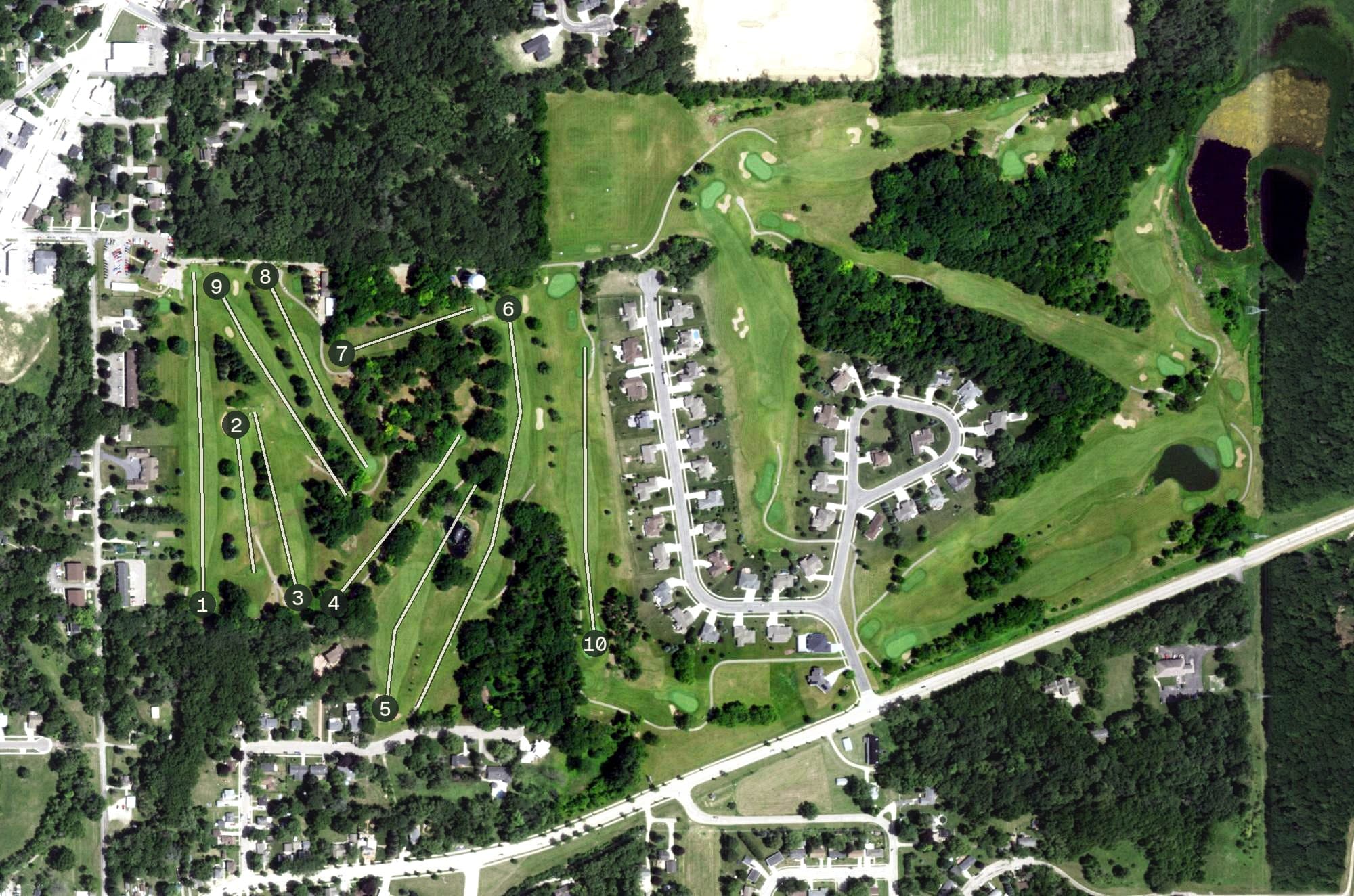 Aerial view of Edgerton Towne Country Club, WI, with its hole routing marked