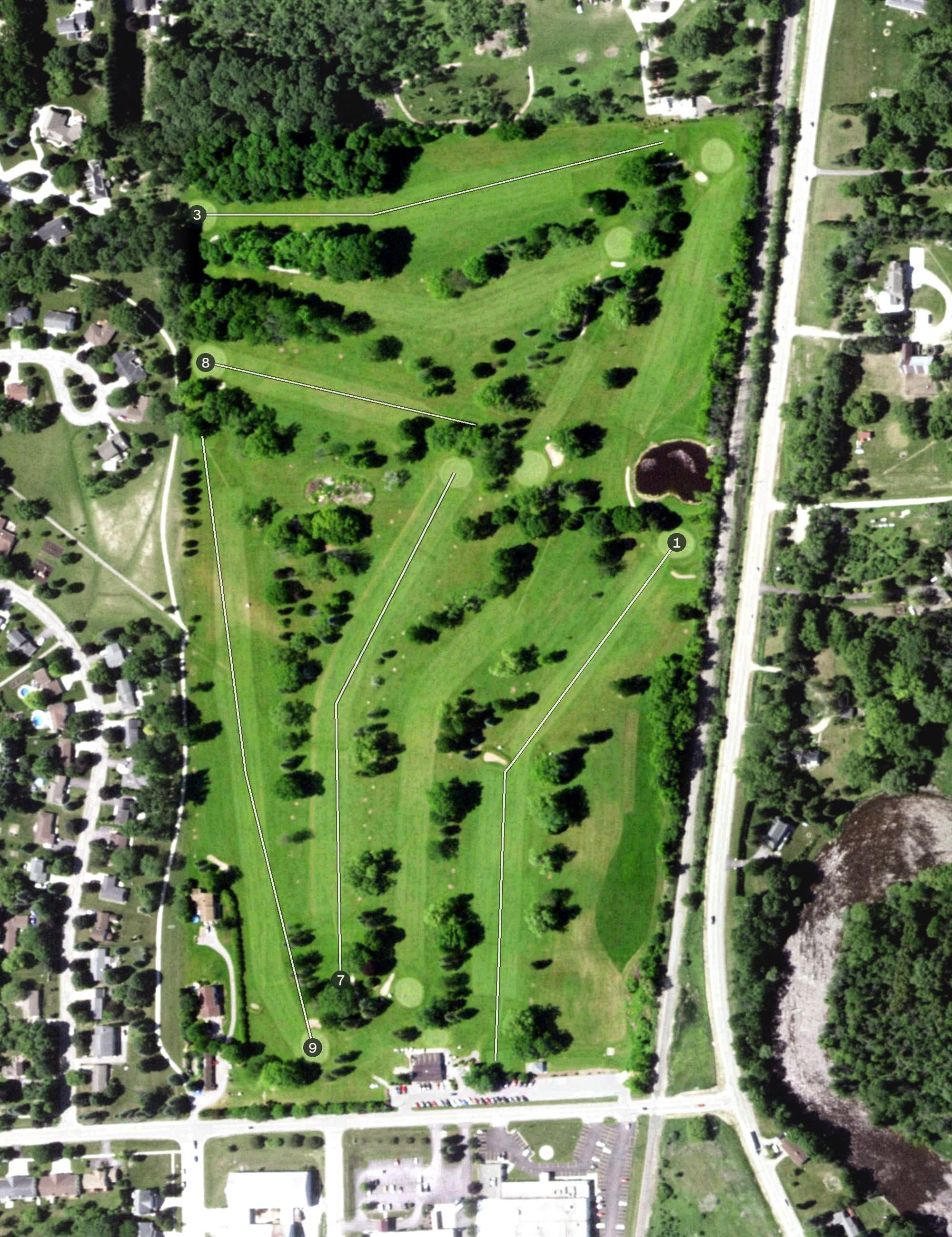 Aerial view of Edgewater Golf Club, WI, with its hole routing marked