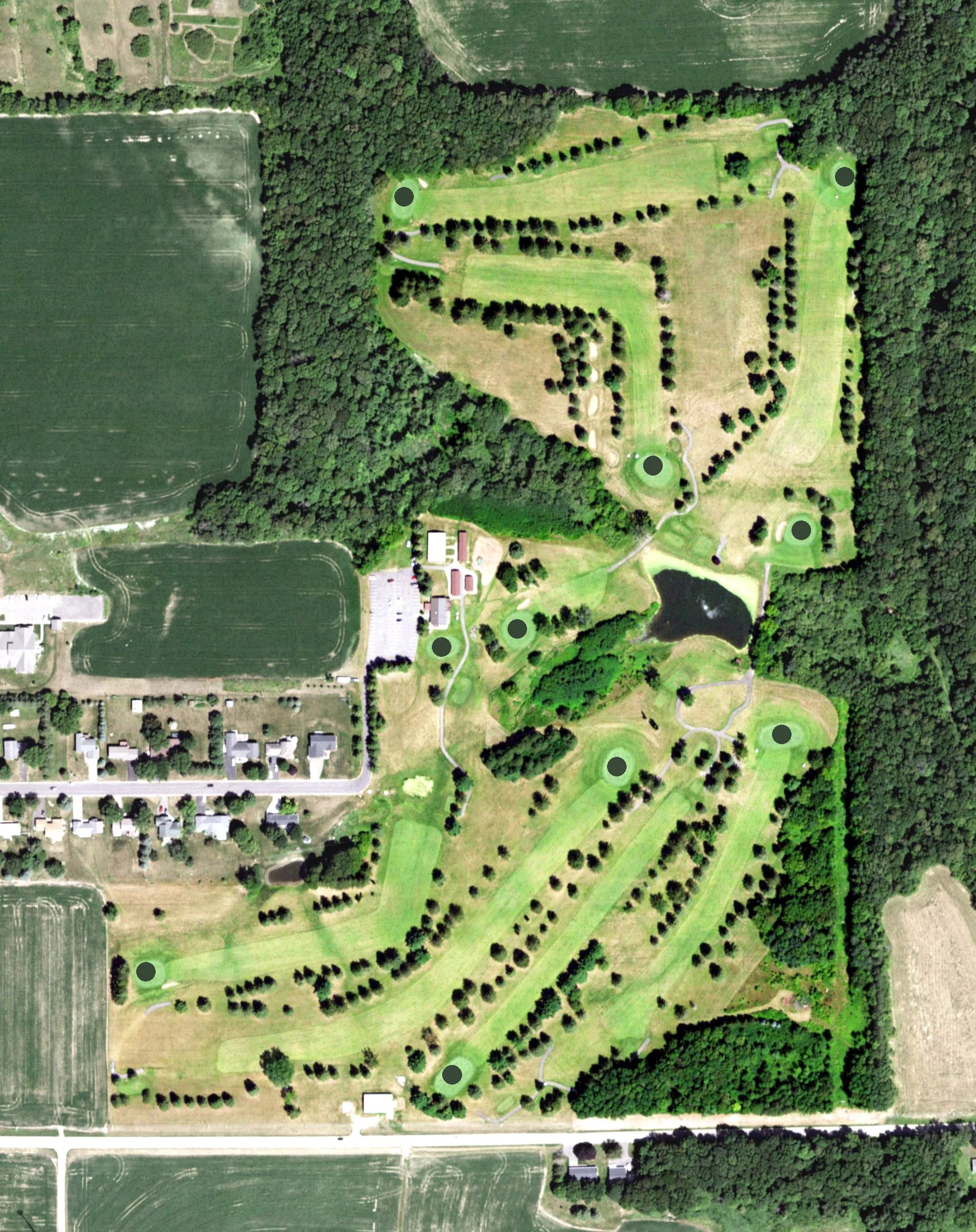 Aerial view of Ellsworth Country Club, WI, with its hole routing marked
