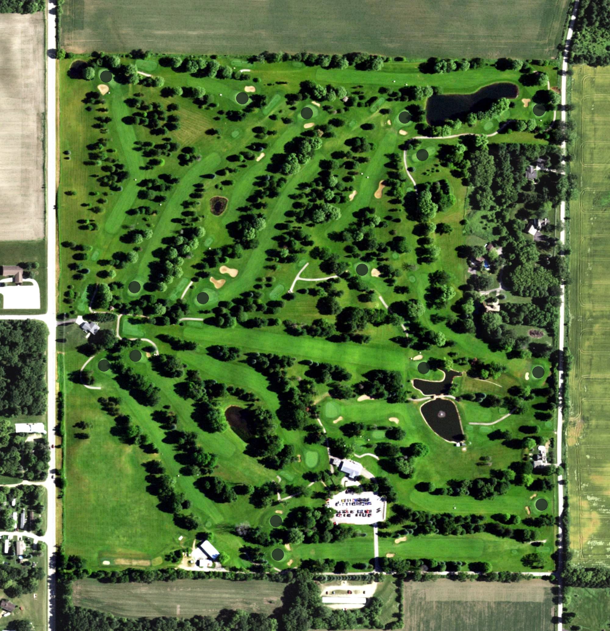 Aerial view of Evansville Country Club, WI, with its hole routing marked