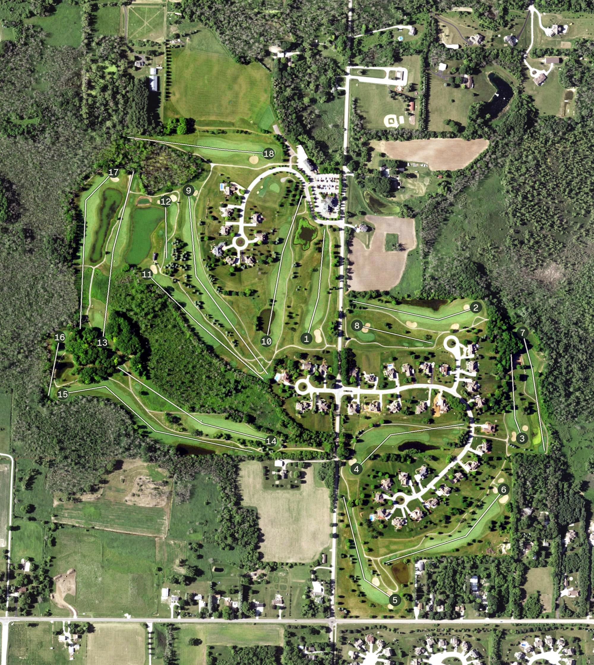 Aerial view of Fairways of Woodside, WI, with its hole routing marked