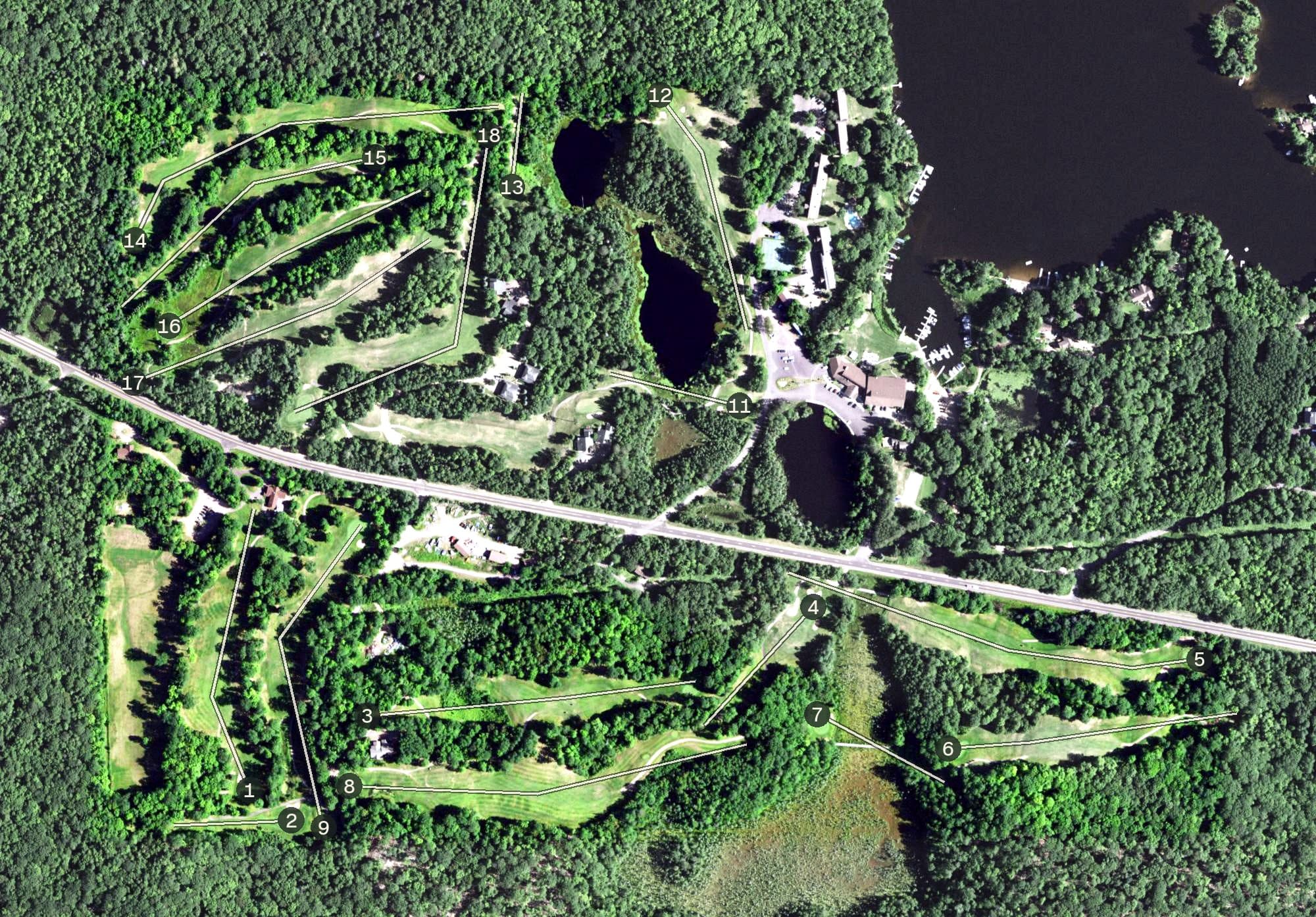 Aerial view of Forest Ridges Golf Course, WI, with its hole routing marked