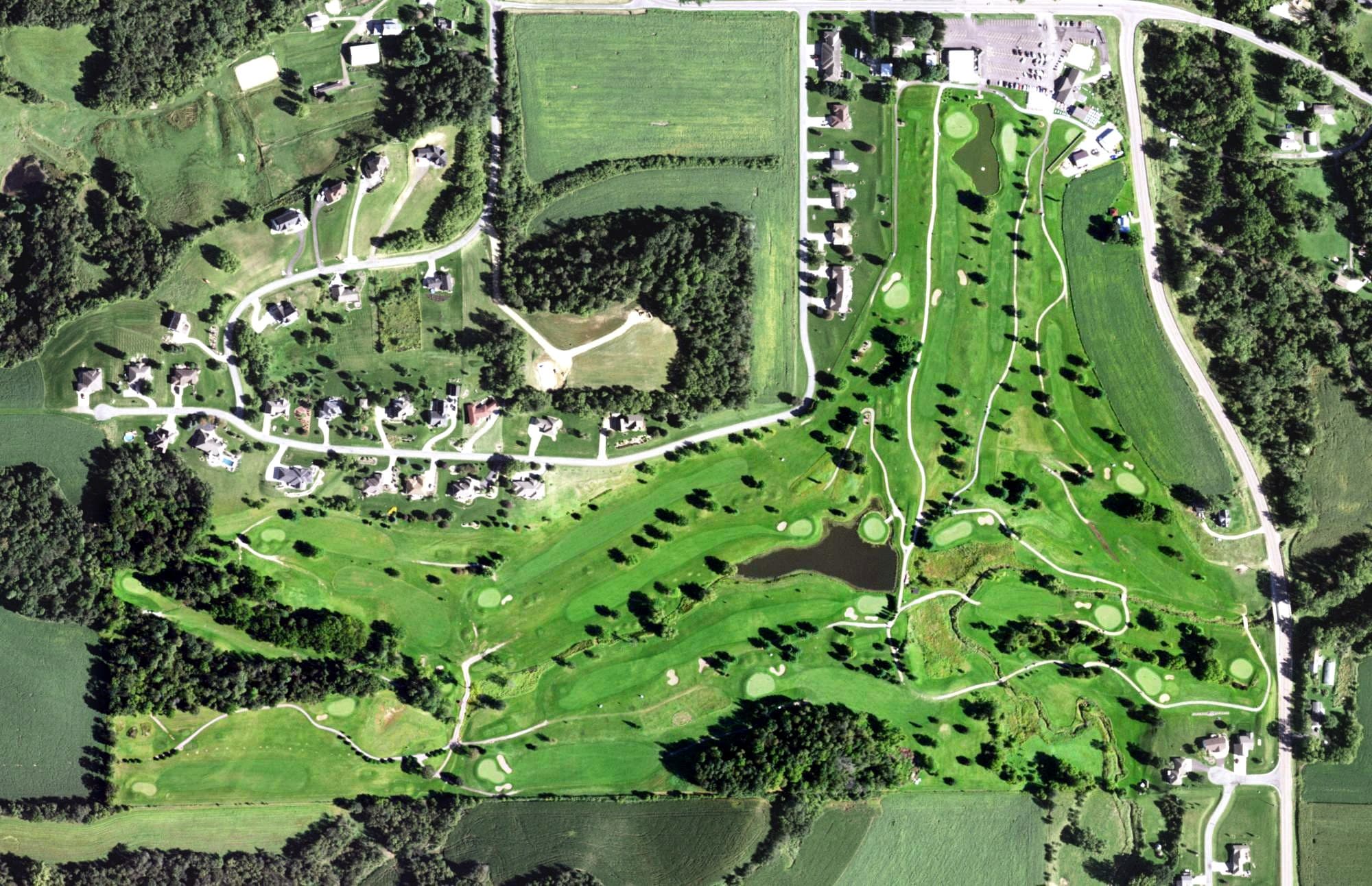 Aerial view of Fox Hollow Golf Course, WI, with its hole routing marked