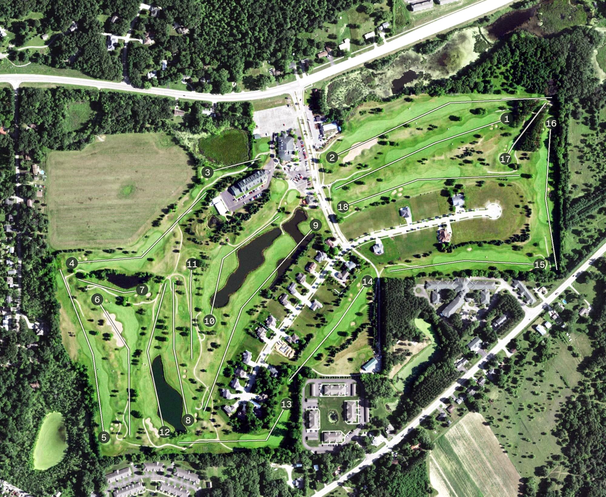 Aerial view of Foxfire Golf Club, WI, with its hole routing marked