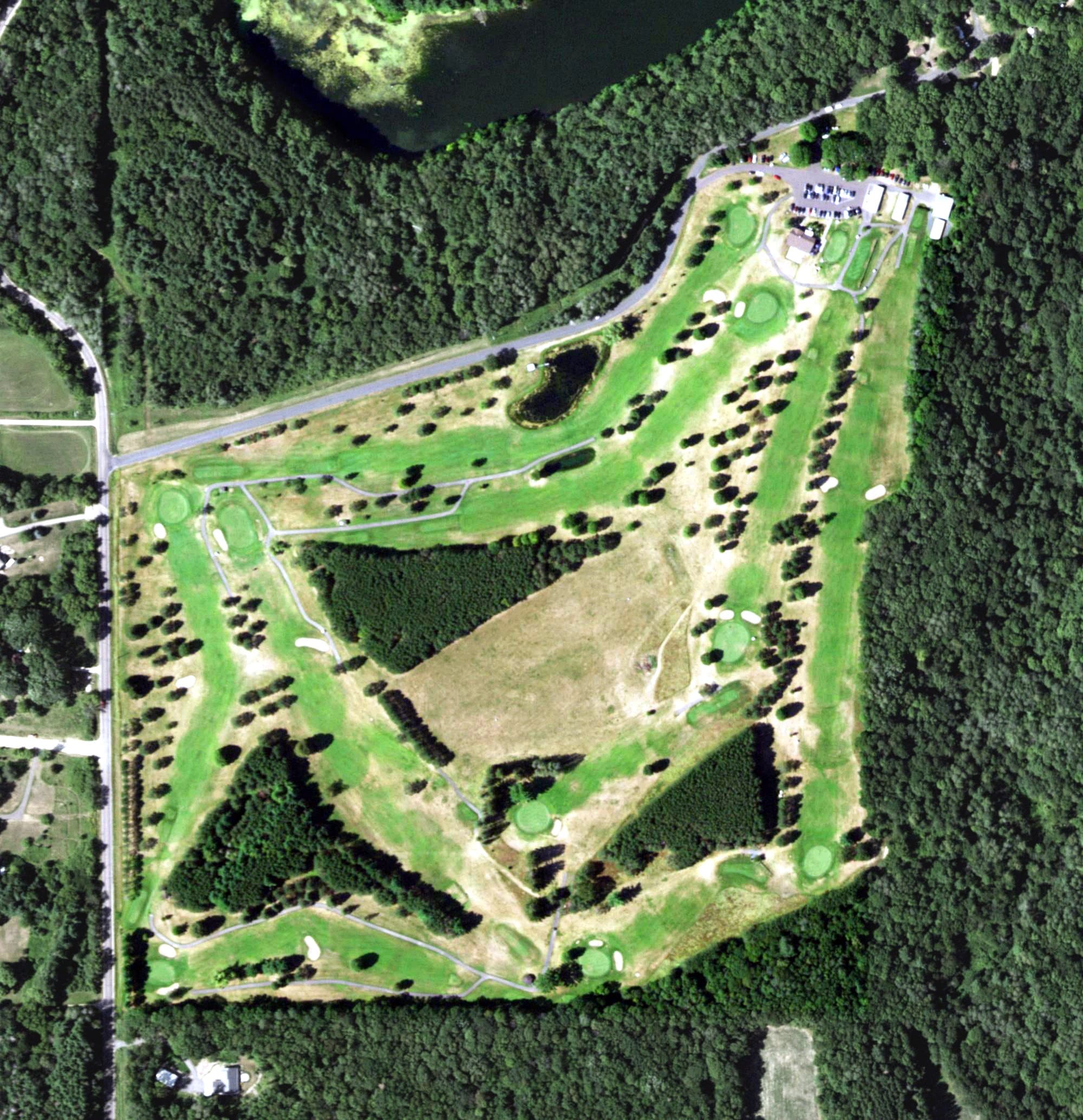 Aerial view of Glen Hills Golf Club, WI, with its hole routing marked