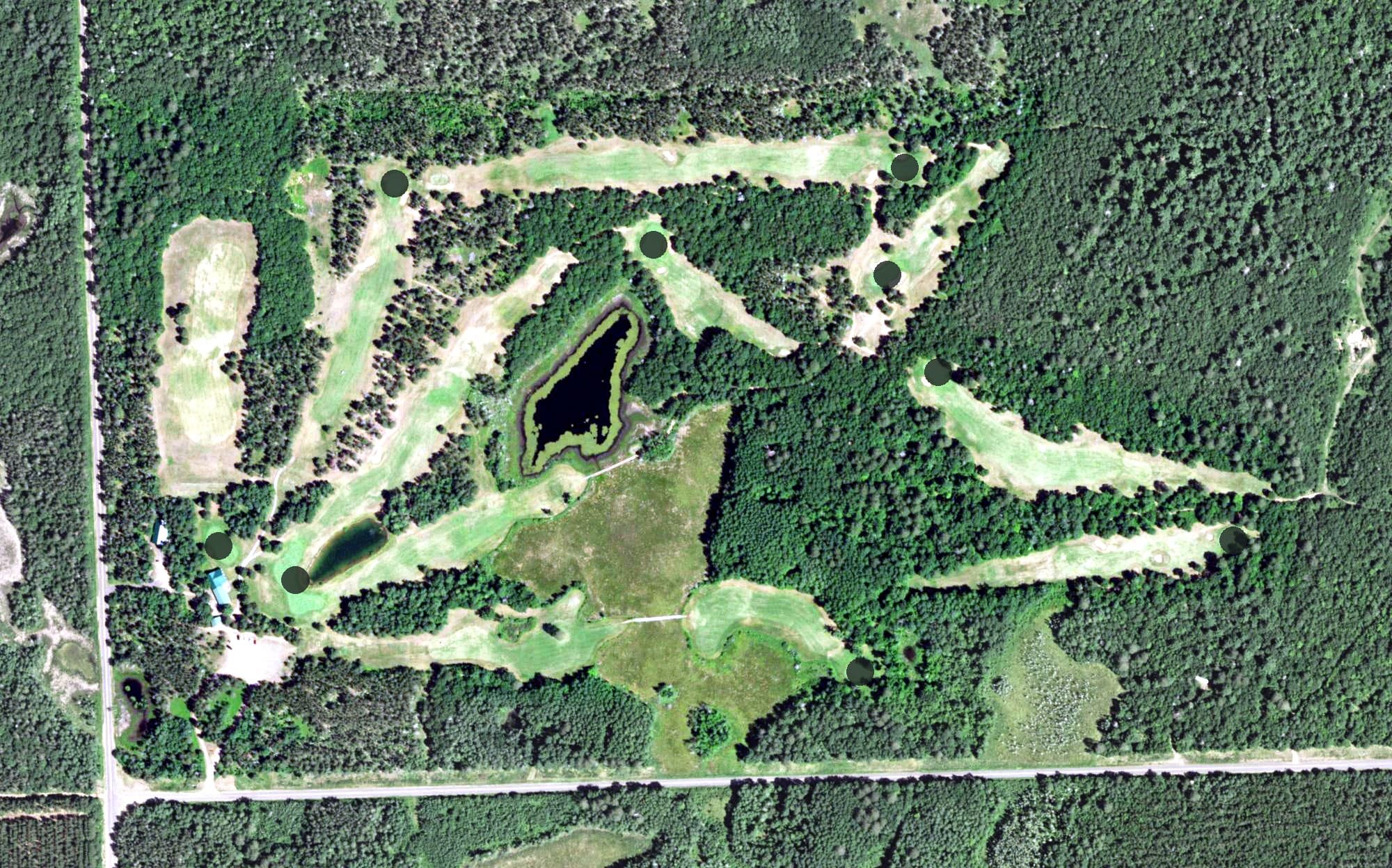 Aerial view of Gordon Pines Golf Course, WI, with its hole routing marked