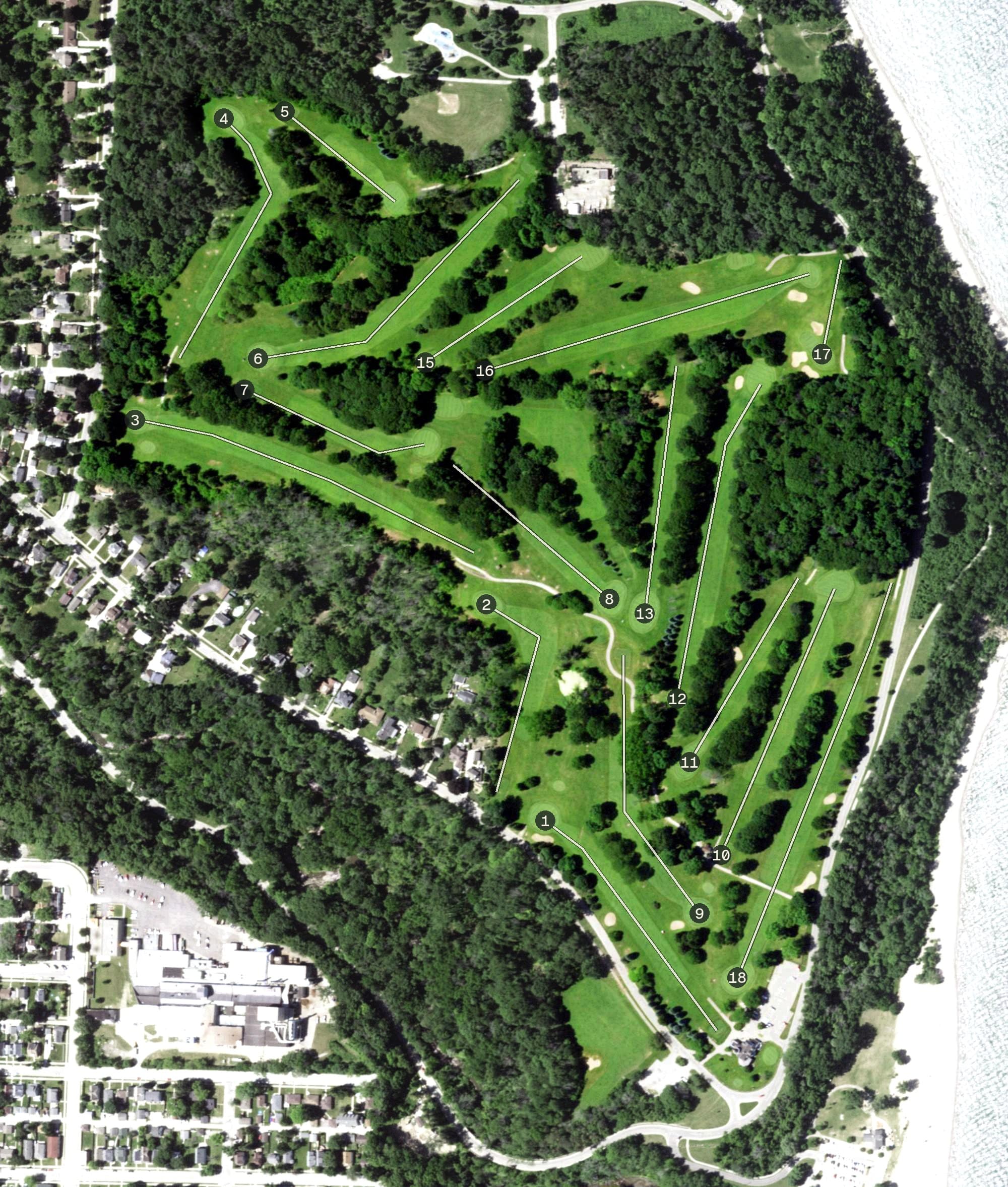 Aerial view of Grant Park Golf Course, WI, with its hole routing marked