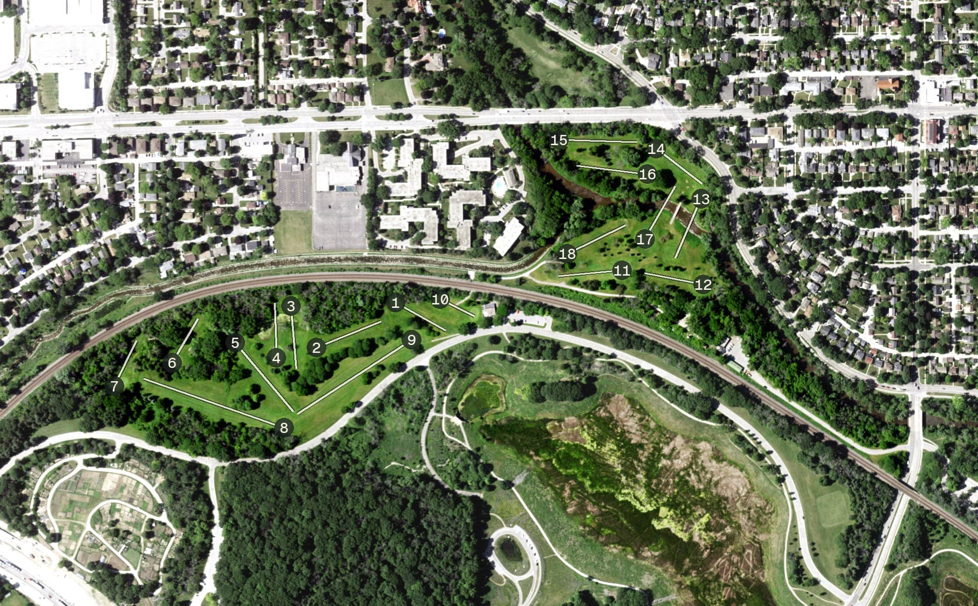 Aerial view of Hansen Park Golf Course, WI, with its hole routing marked