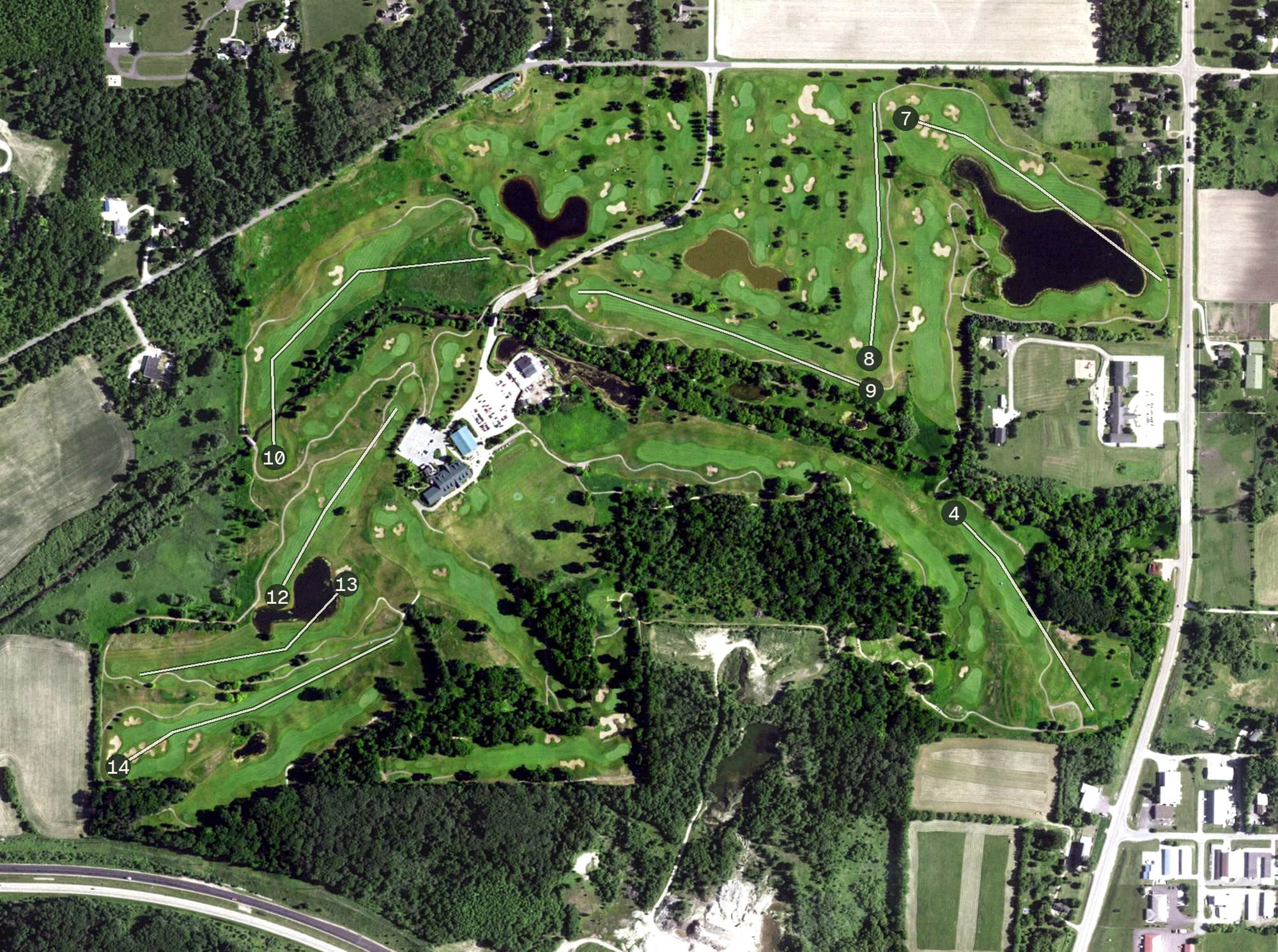 Aerial view of Hawk's View Golf Club, WI, with its hole routing marked