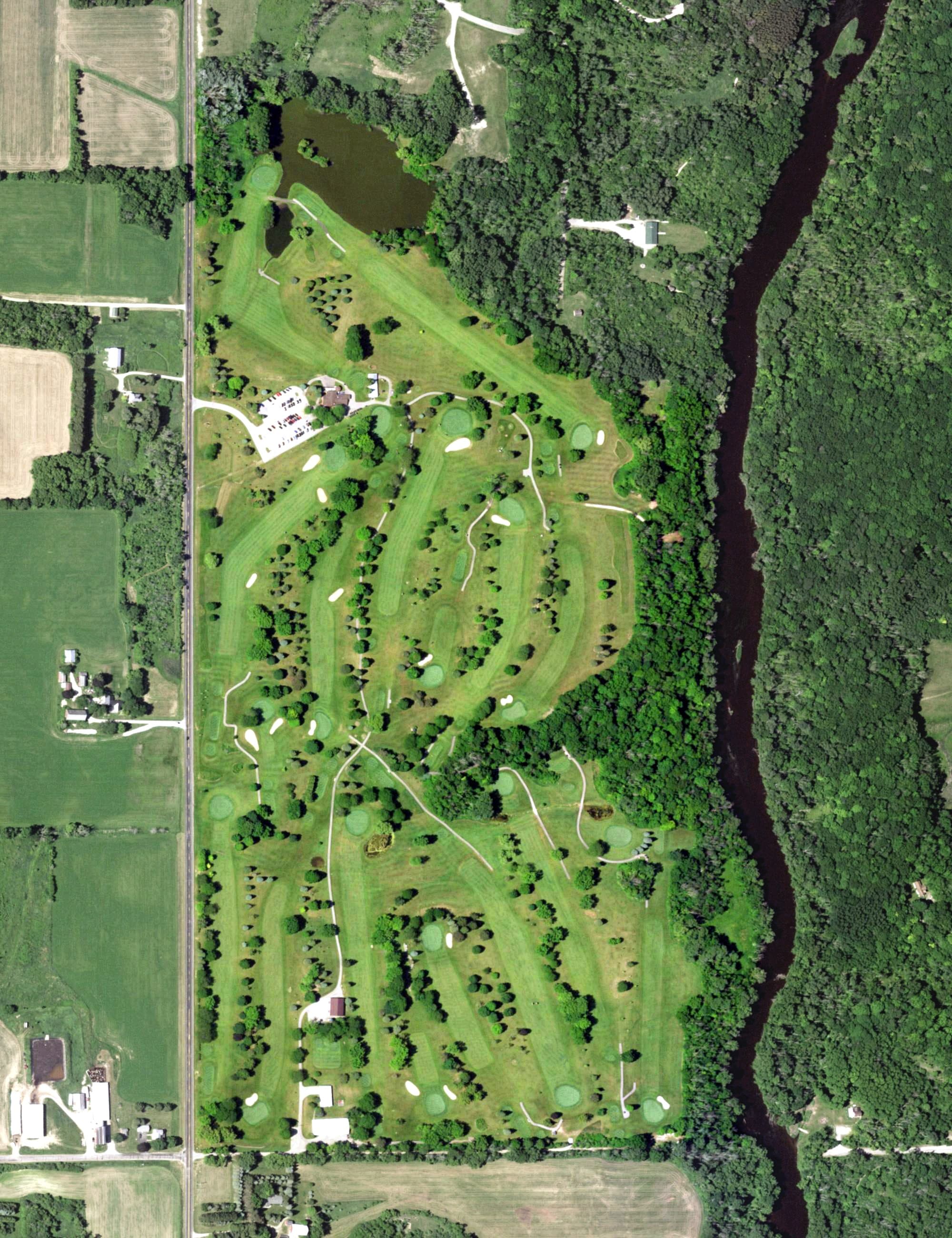 Aerial view of Hawthorne Hills Golf Course, WI, with its hole routing marked
