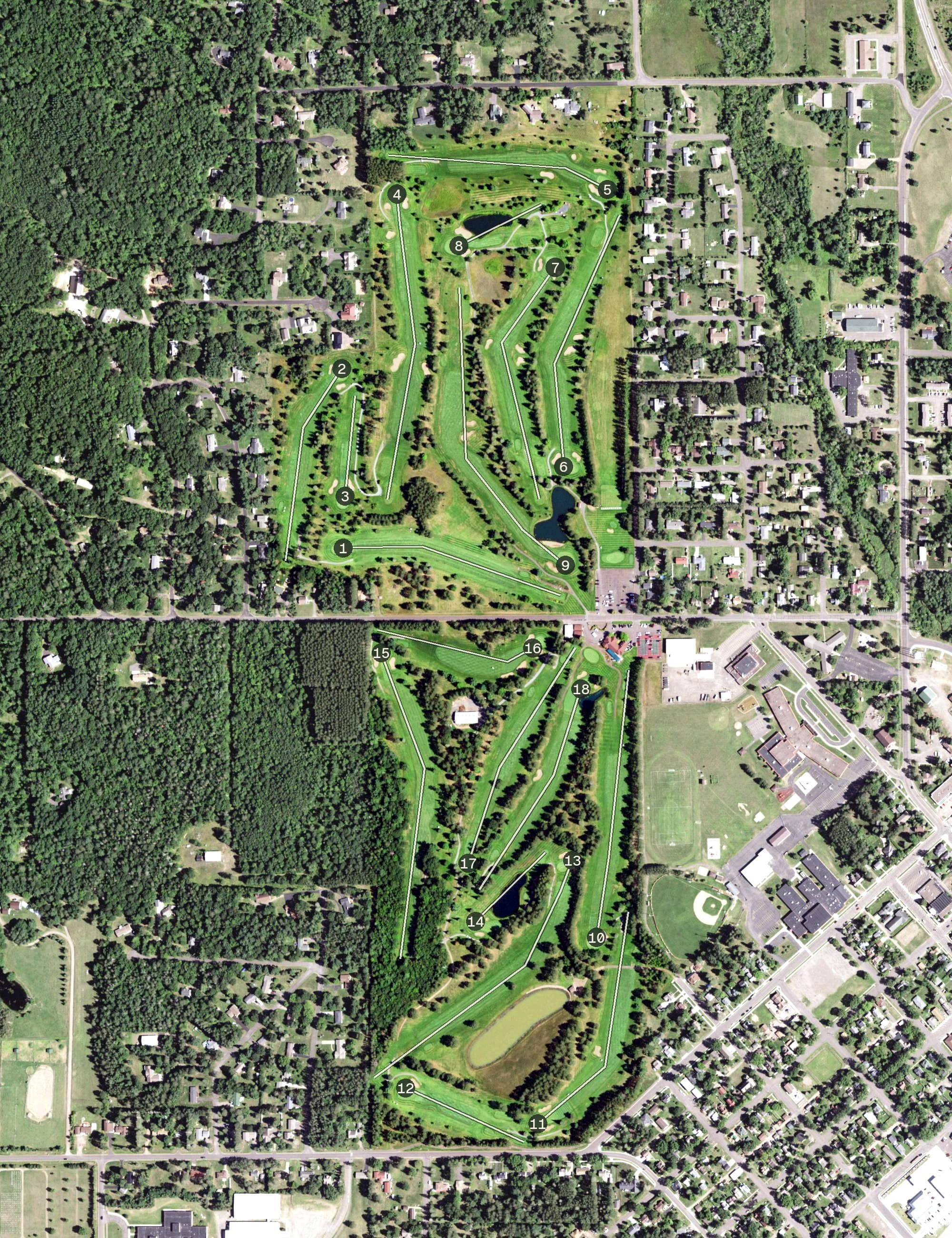 Aerial view of Hayward Golf Club, WI, with its hole routing marked