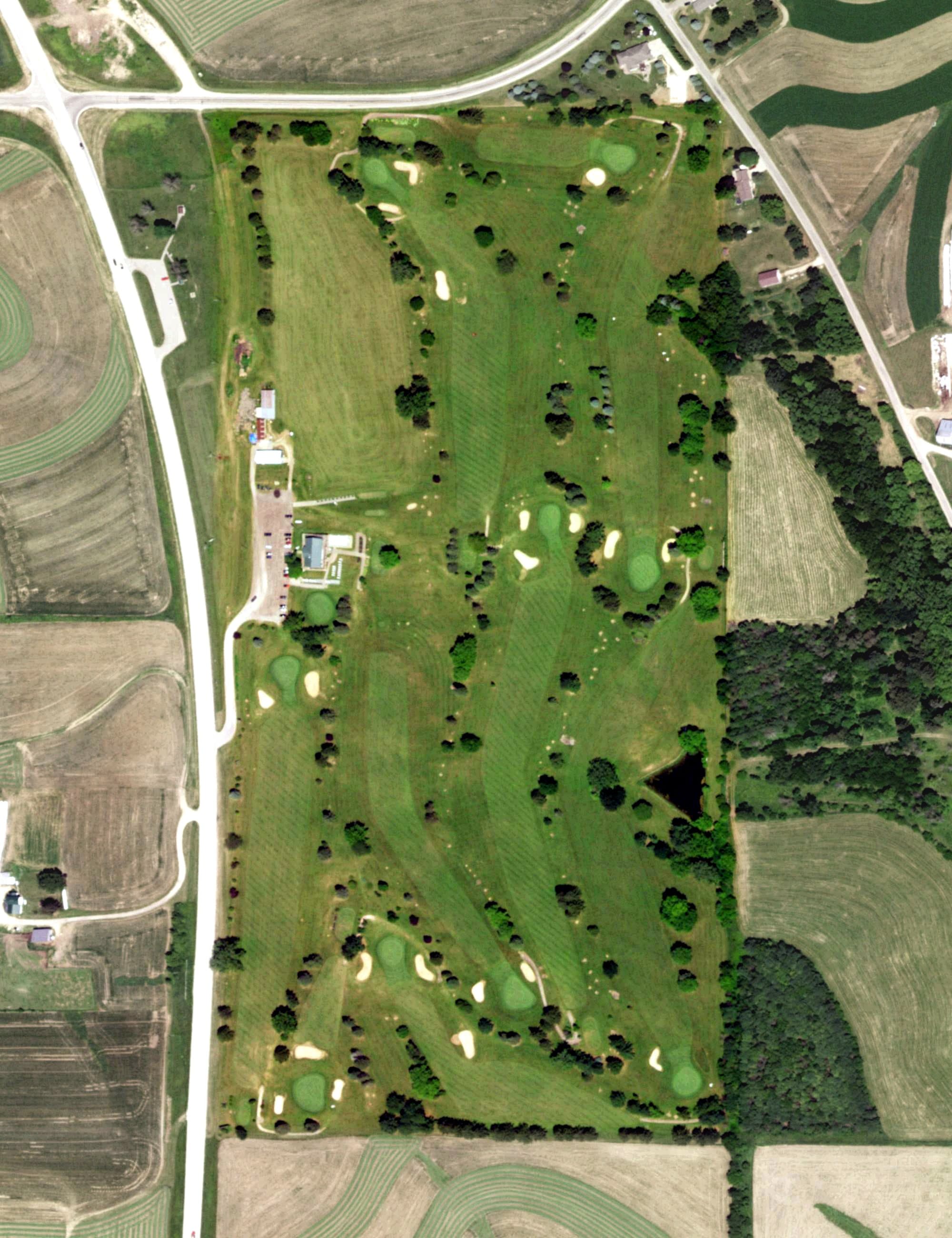 Aerial view of Hickory Grove Country Club, WI, with its hole routing marked