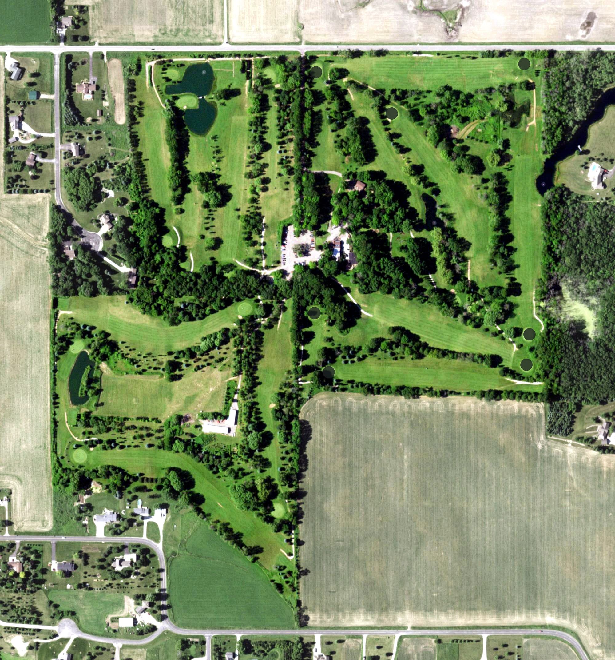 Aerial view of Hickory Hills Country Club, WI, with its hole routing marked