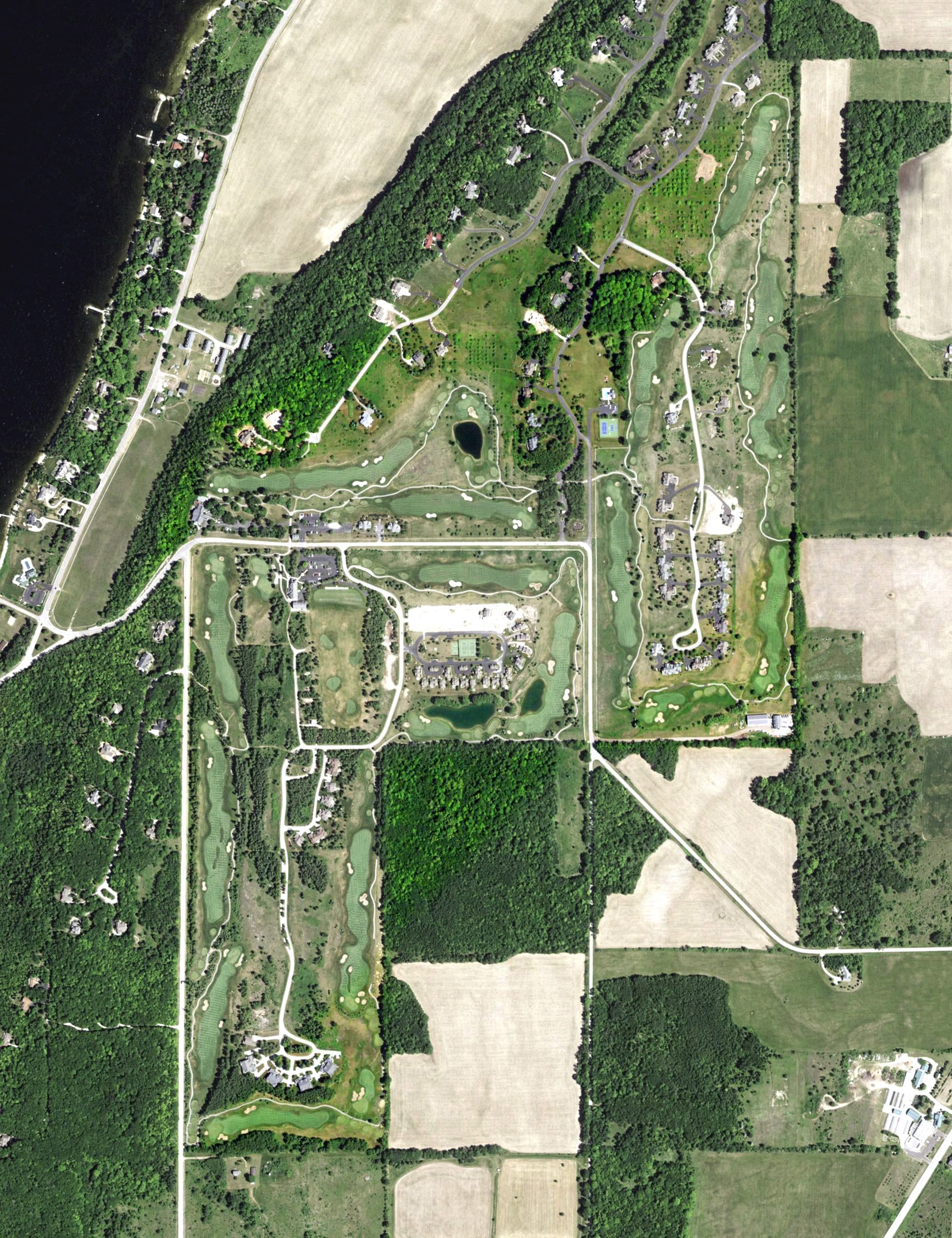 Aerial view of Horseshoe Bay Golf Club, WI, with its hole routing marked