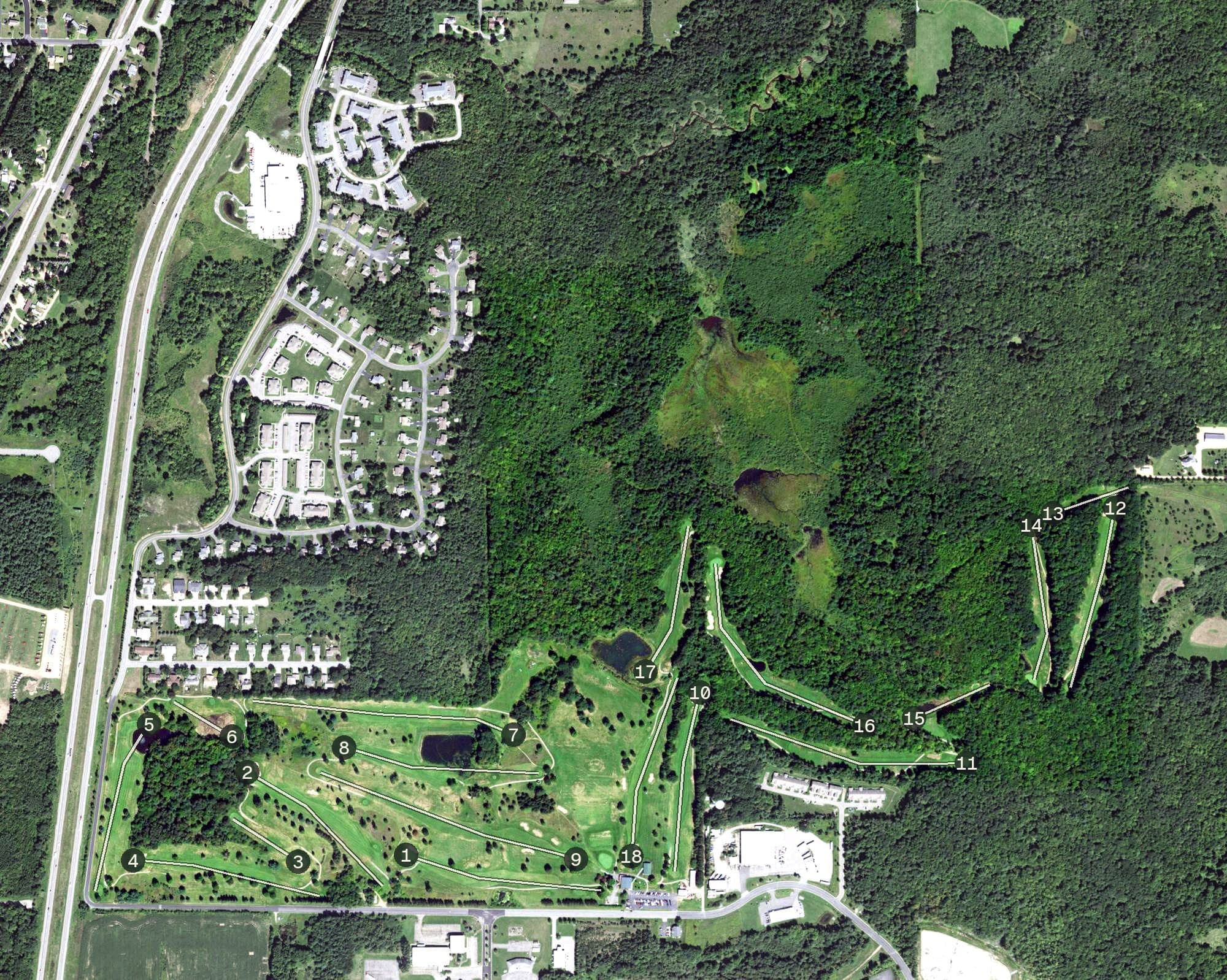 Aerial view of Indianhead Golf Course, WI, with its hole routing marked