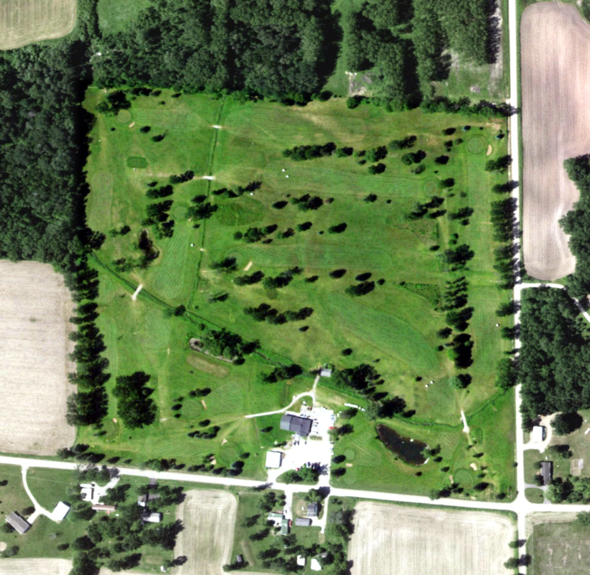 Aerial view of Irish Green Golf Course, WI, with its hole routing marked