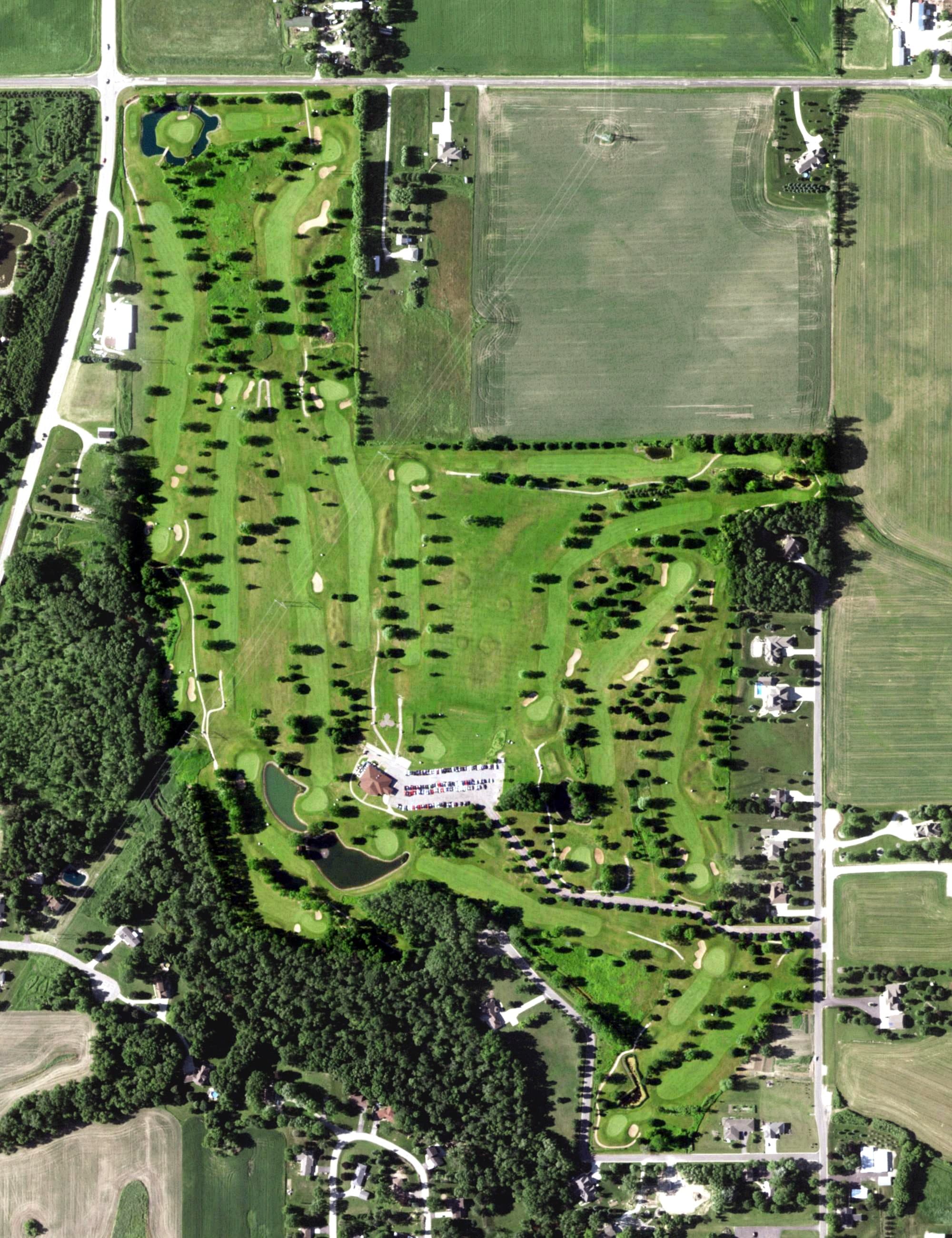 Aerial view of Irish Waters Golf Course, WI, with its hole routing marked