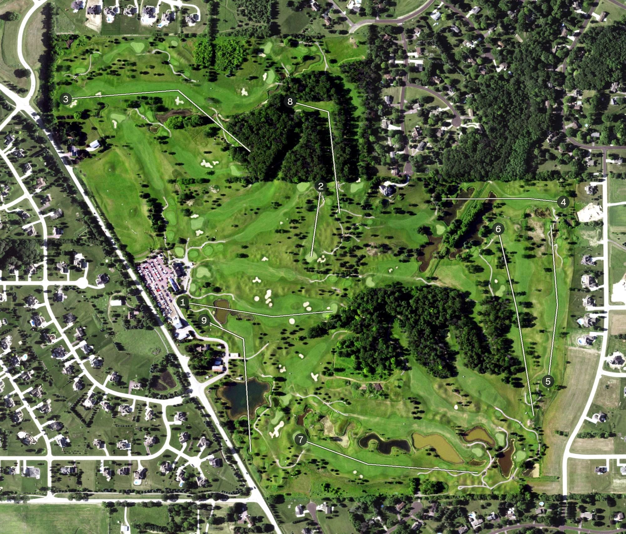 Aerial view of Ironwood Golf Course, WI, with its hole routing marked