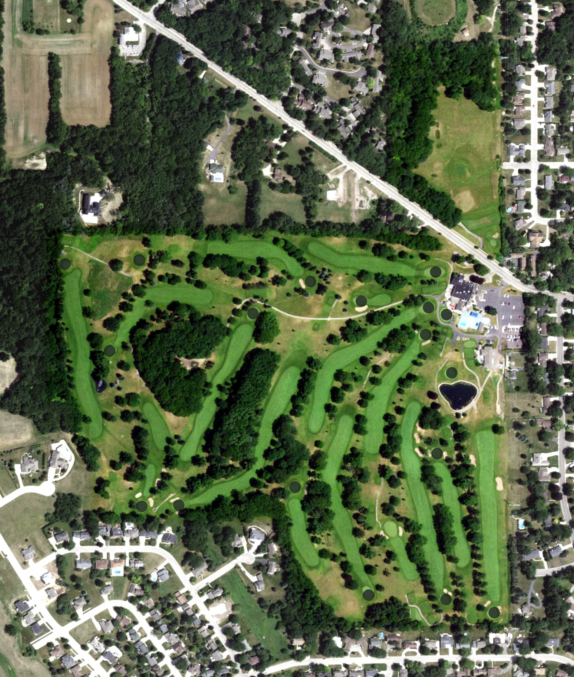Aerial view of Janesville Country Club, WI, with its hole routing marked
