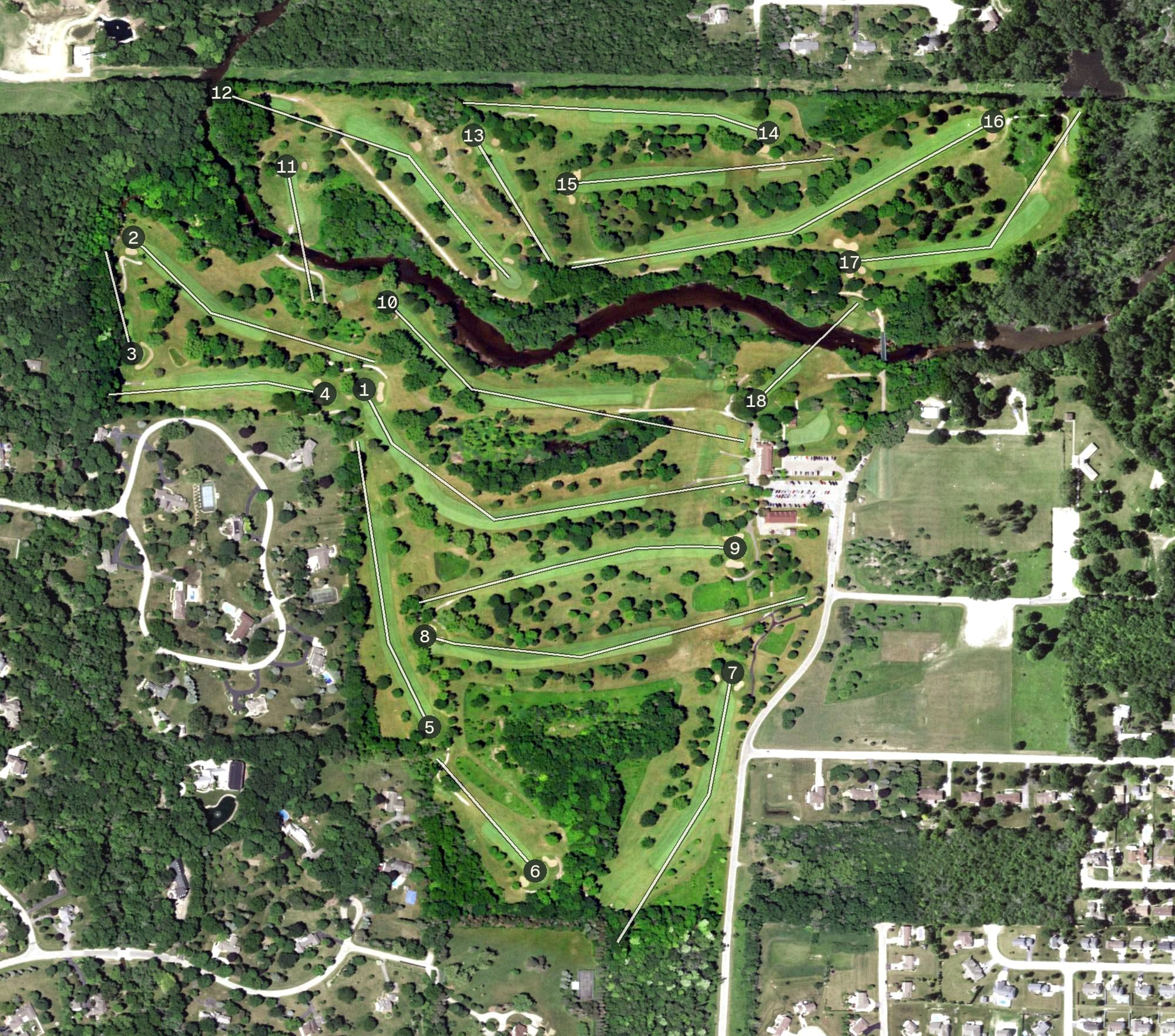 Aerial view of Johnson Park Golf Course, WI, with its hole routing marked