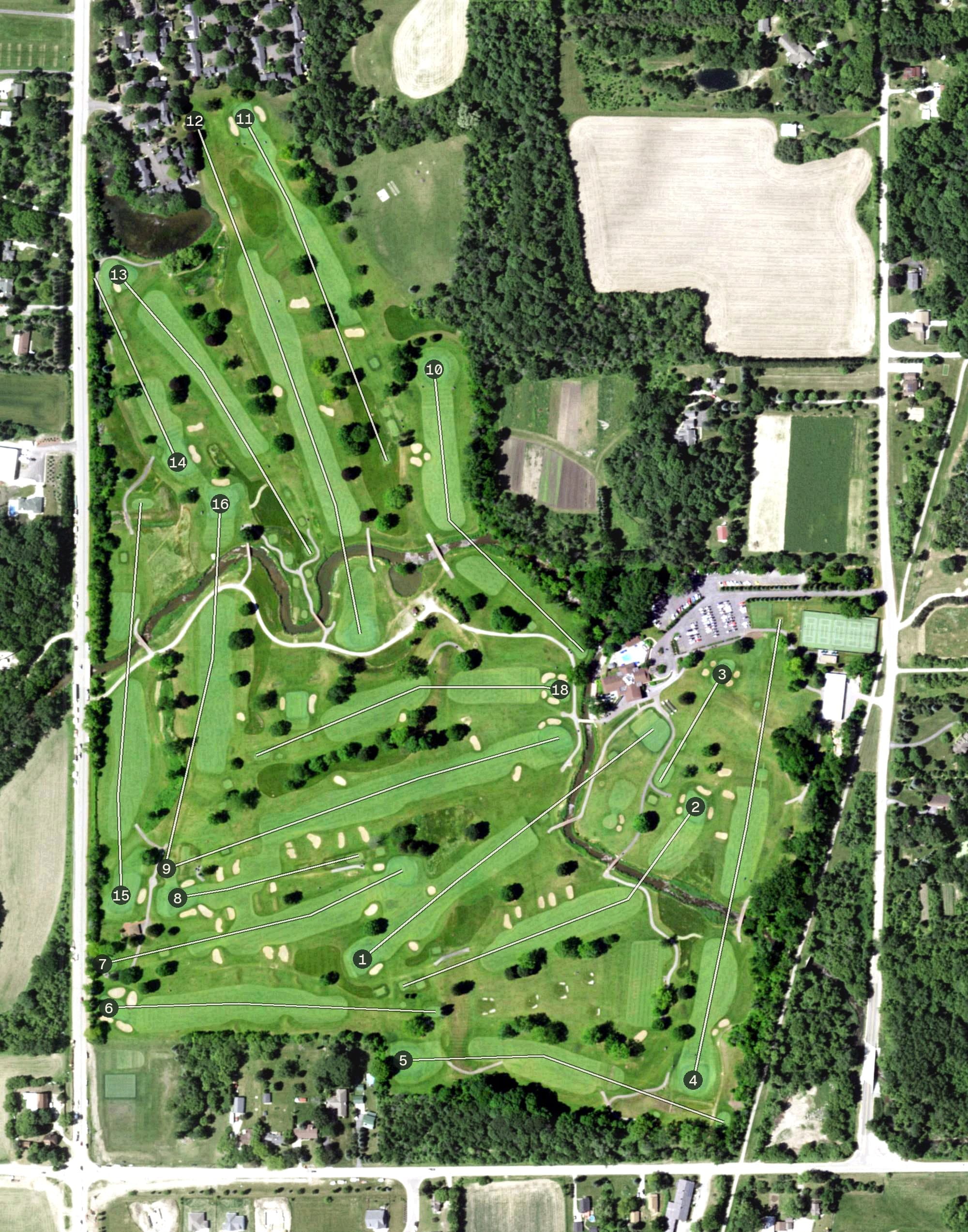 Aerial view of Kenosha Country Club, WI, with its hole routing marked