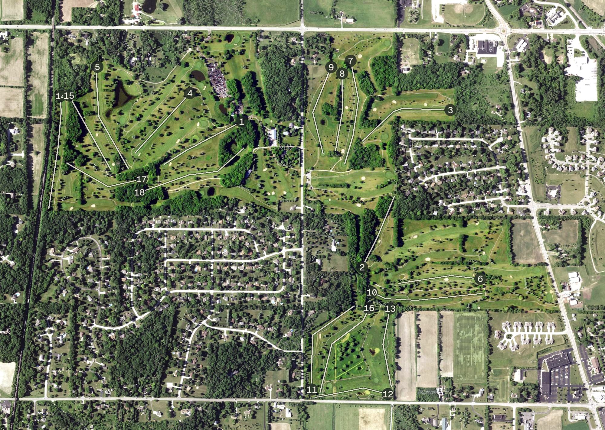Aerial view of Kettle Hills Golf Course, WI, with its hole routing marked