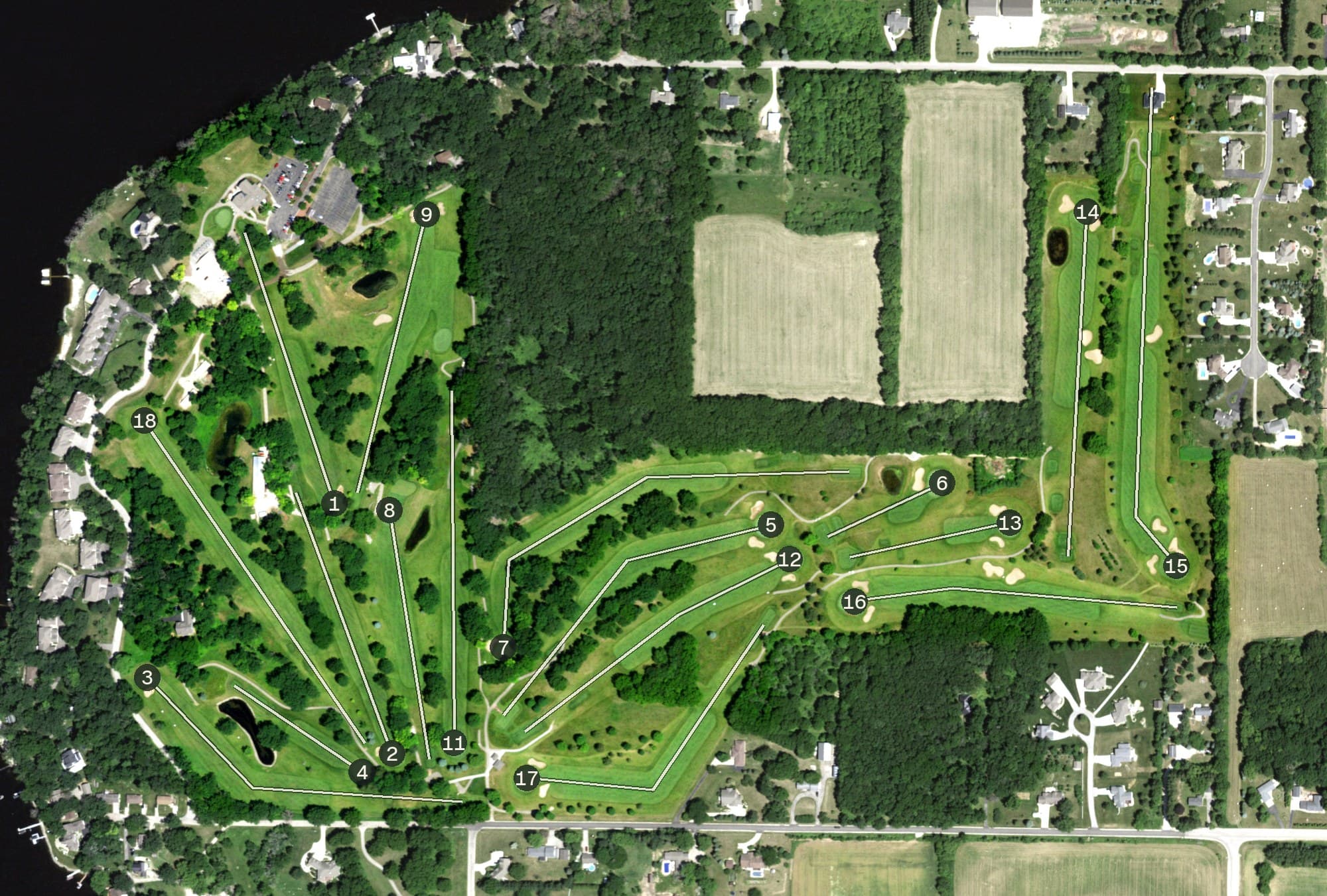 Aerial view of Koshkonong Mounds Country Club, WI, with its hole routing marked