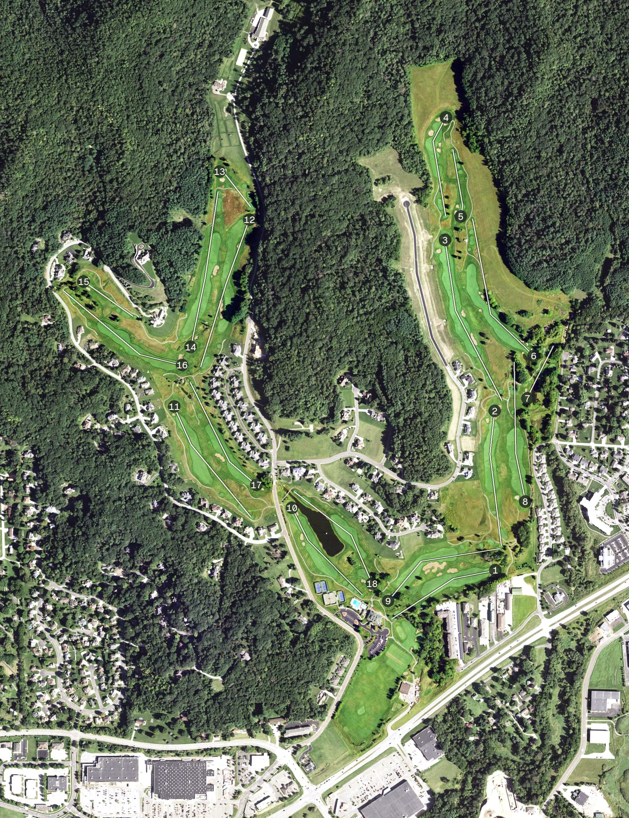Aerial view of La Crosse Country Club, WI, with its hole routing marked