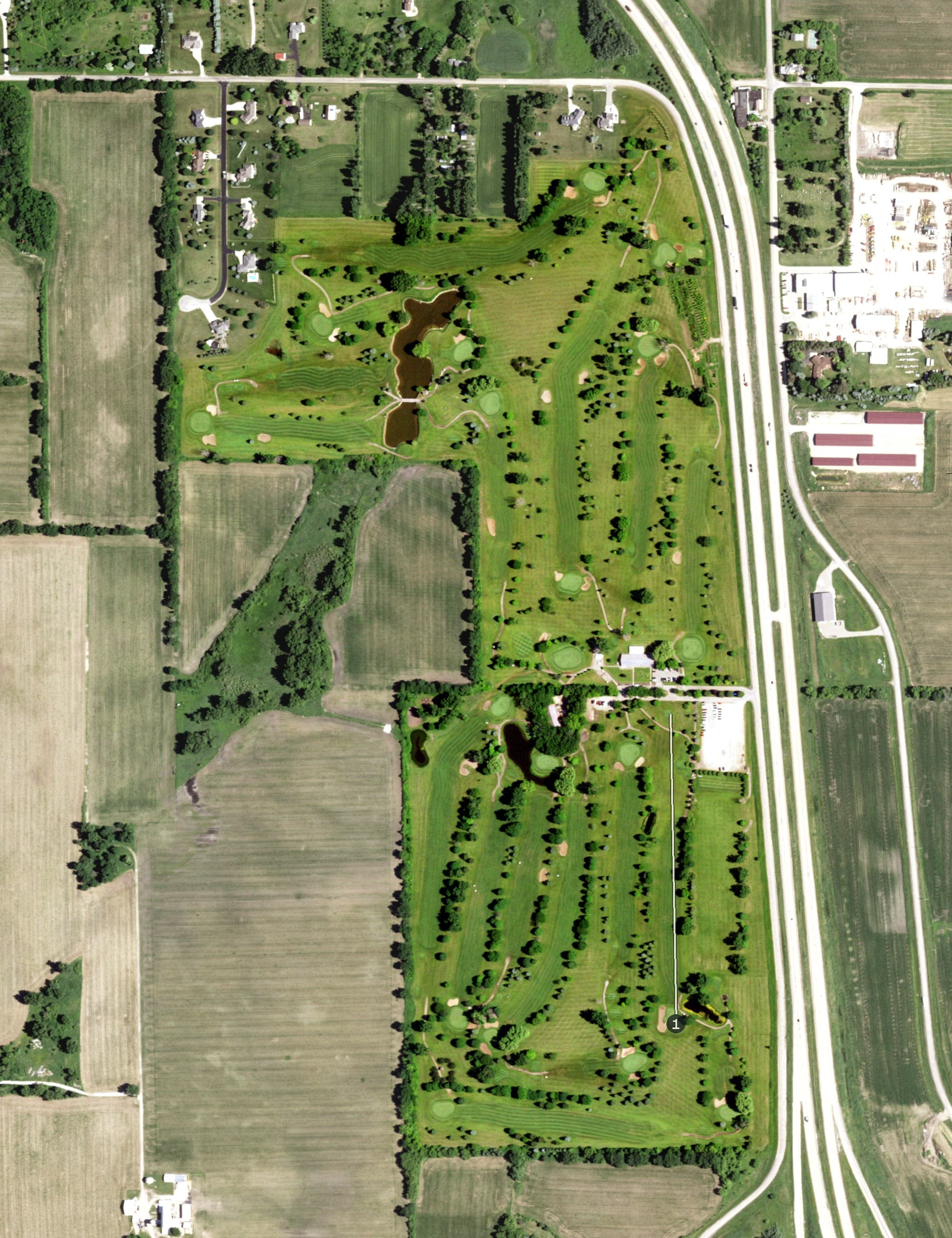 Aerial view of Lake Breeze Golf Club, WI, with its hole routing marked