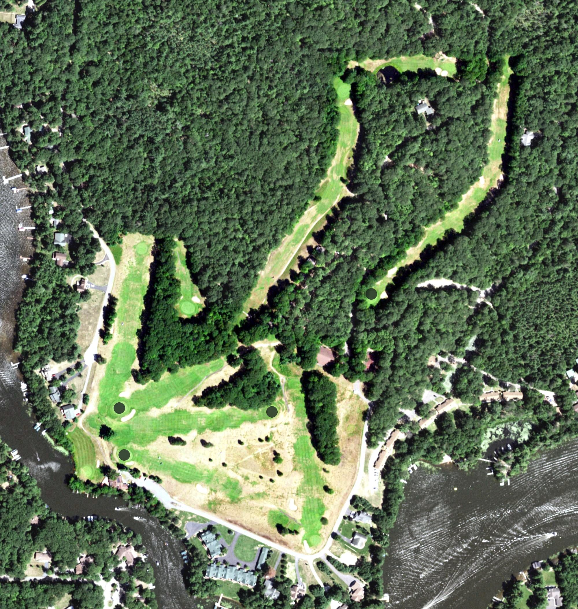 Aerial view of Lake Forest Golf Club, WI, with its hole routing marked