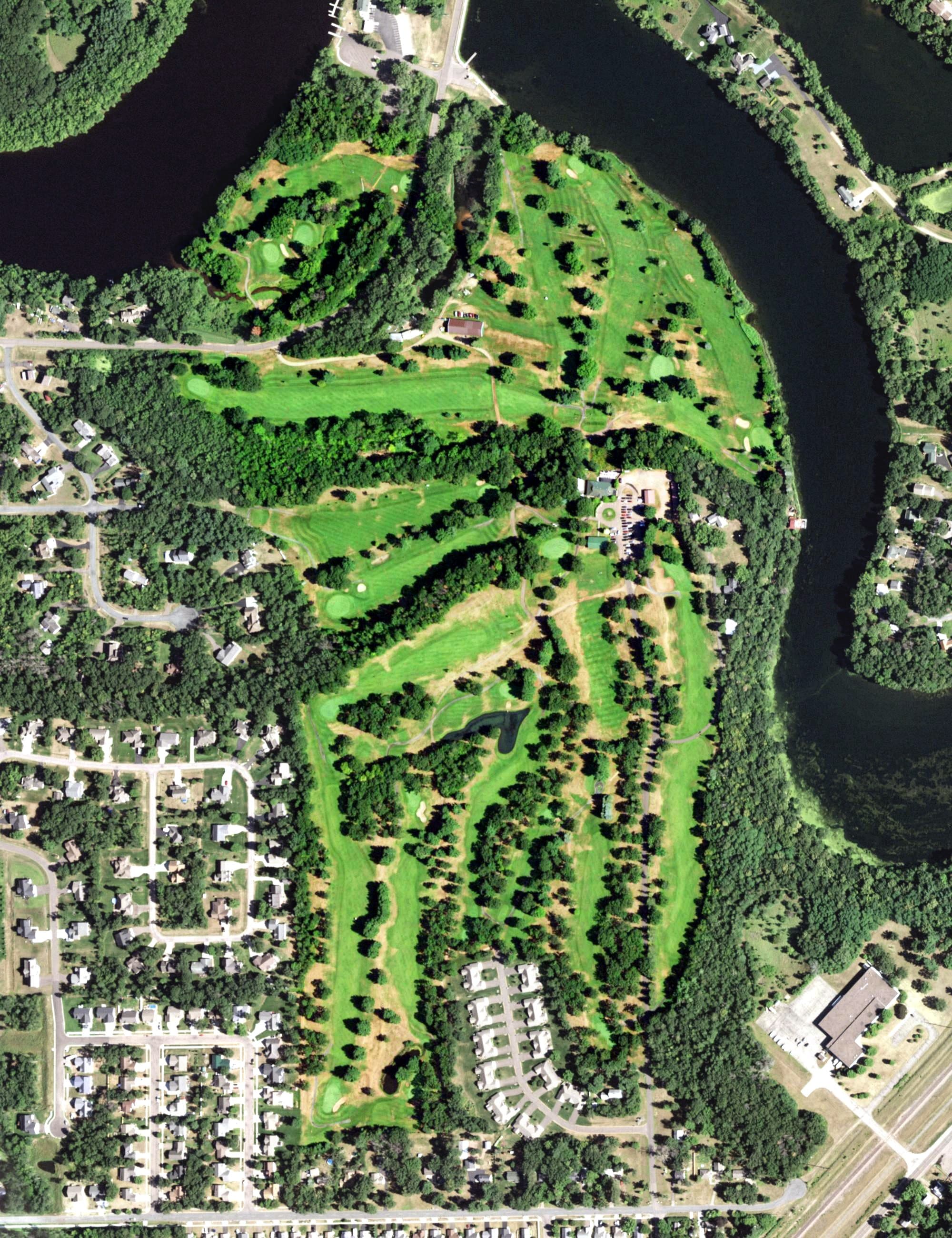 Aerial view of Lake Hallie Golf, WI, with its hole routing marked