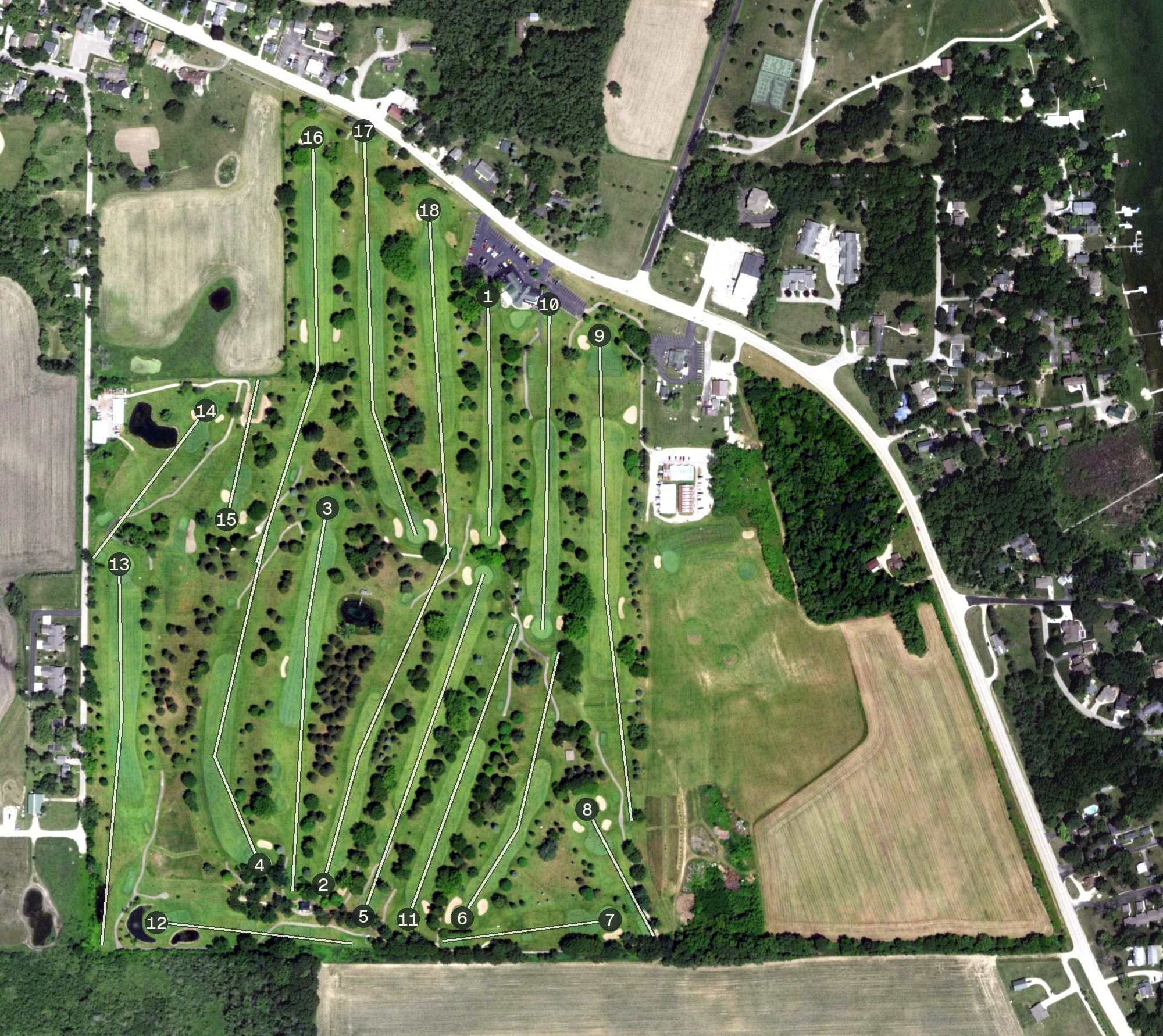 Aerial view of Lake Ripley Country Club, WI, with its hole routing marked