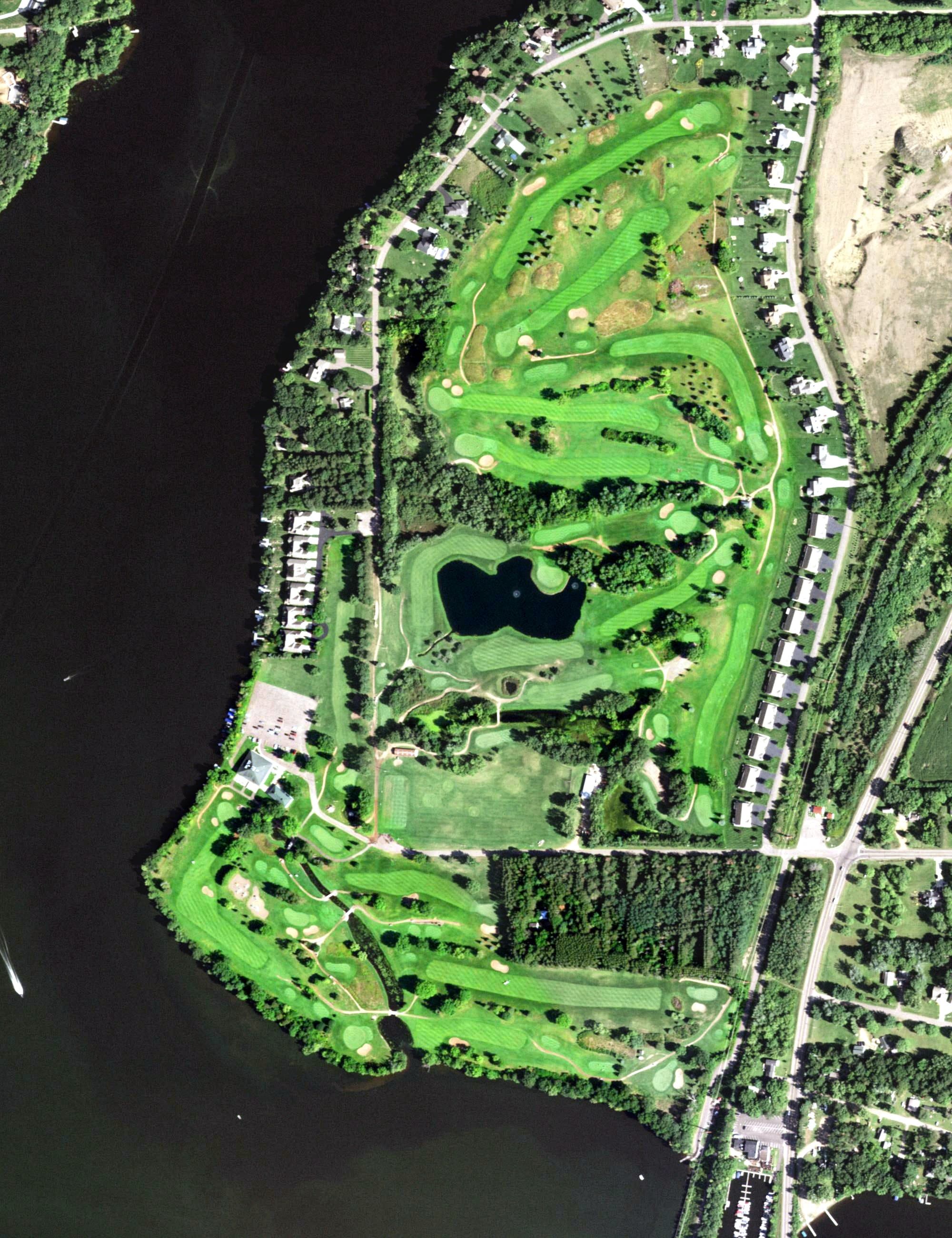 Aerial view of Lake Wissota Golf & Events, WI, with its hole routing marked
